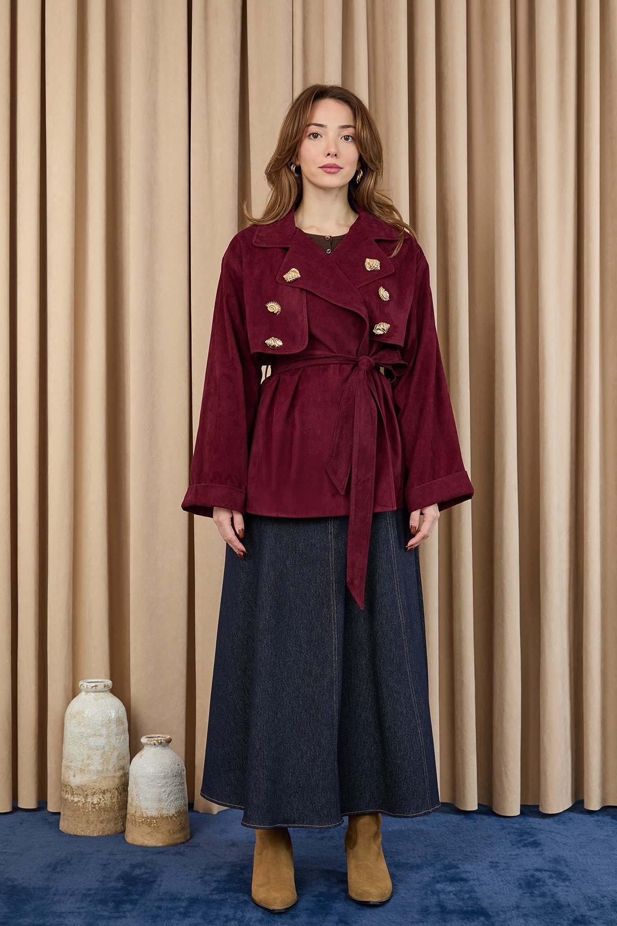 Kadın Broş Detaylı Kısa Trench  - 32405 Bordo Trençkot Soul 