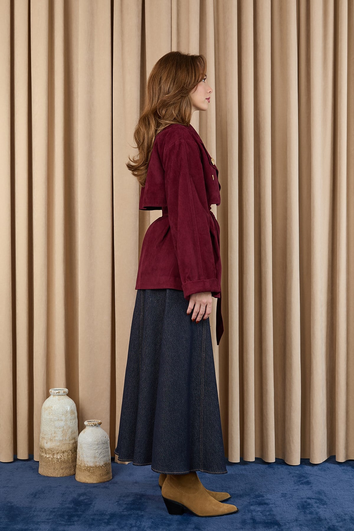 Kadın Broş Detaylı Kısa Trench  - 32405 - Bordo Trençkot Soul 