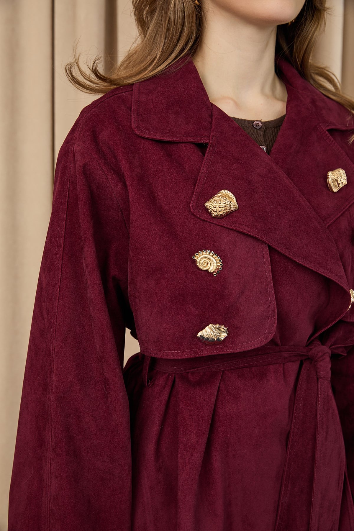 Kadın Broş Detaylı Kısa Trench  - 32405 - Bordo Trençkot Soul 