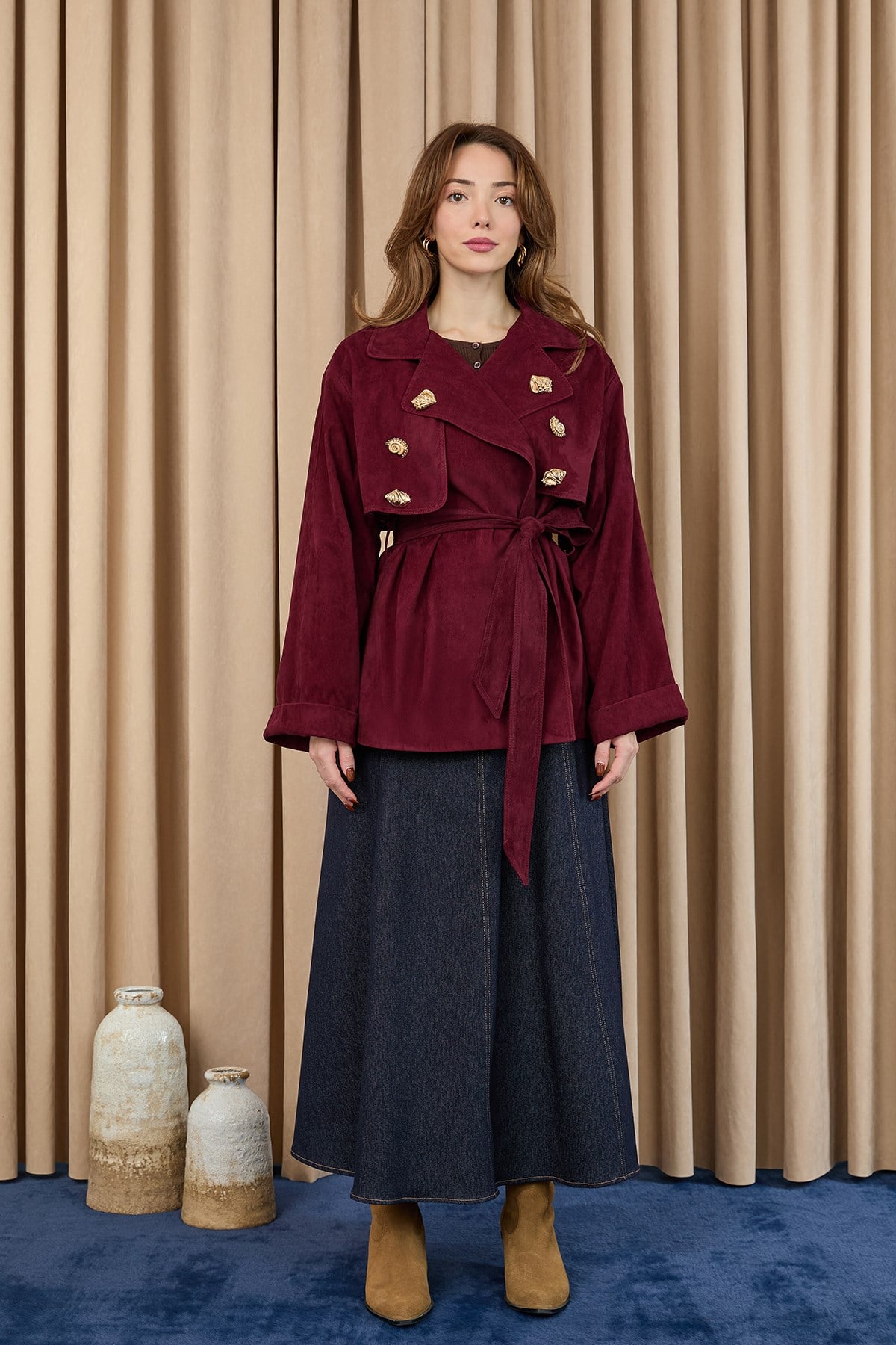 Kadın Broş Detaylı Kısa Trench  - 32405 - Bordo Trençkot Soul 