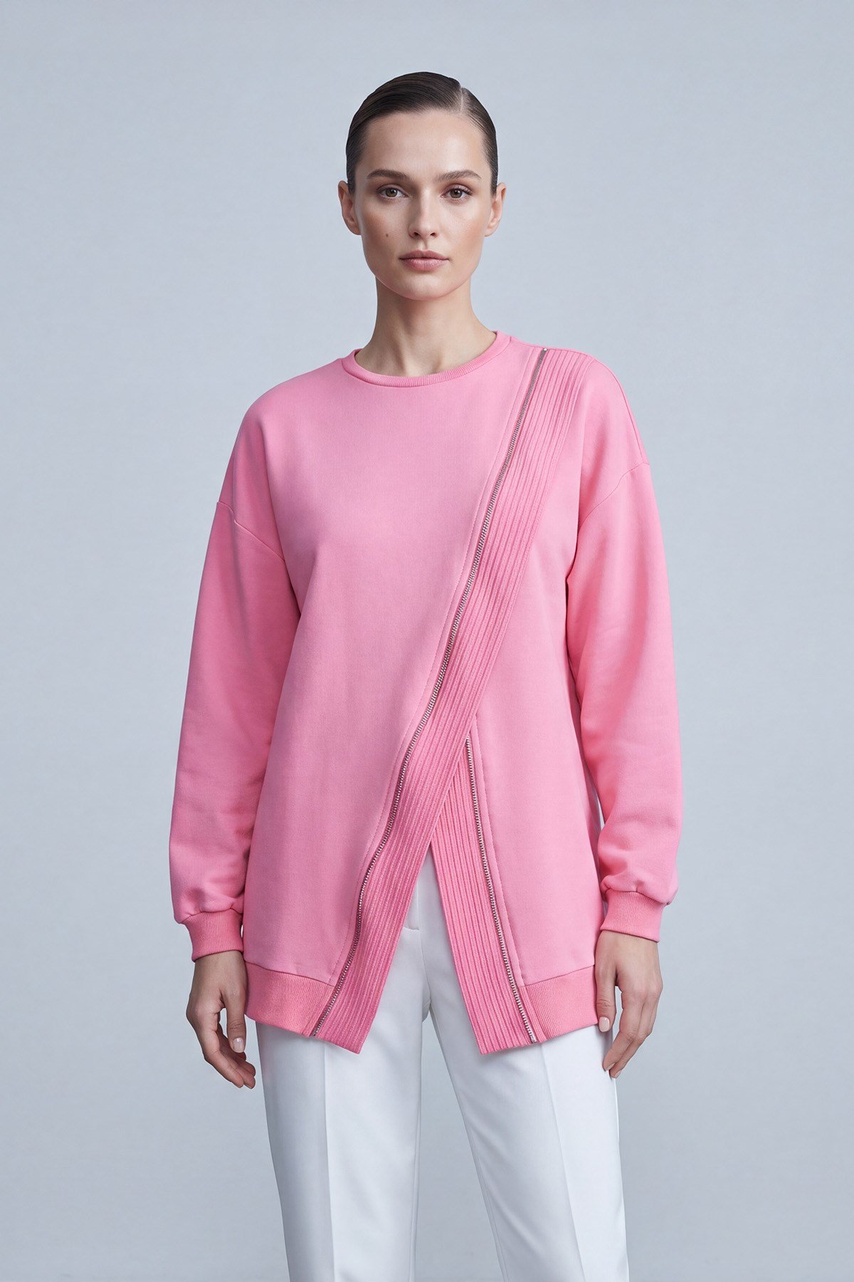 Kadın Çapraz Fermuar Detaylı Rahat Tunik – 10771TUN Pembe Tunik Puane 