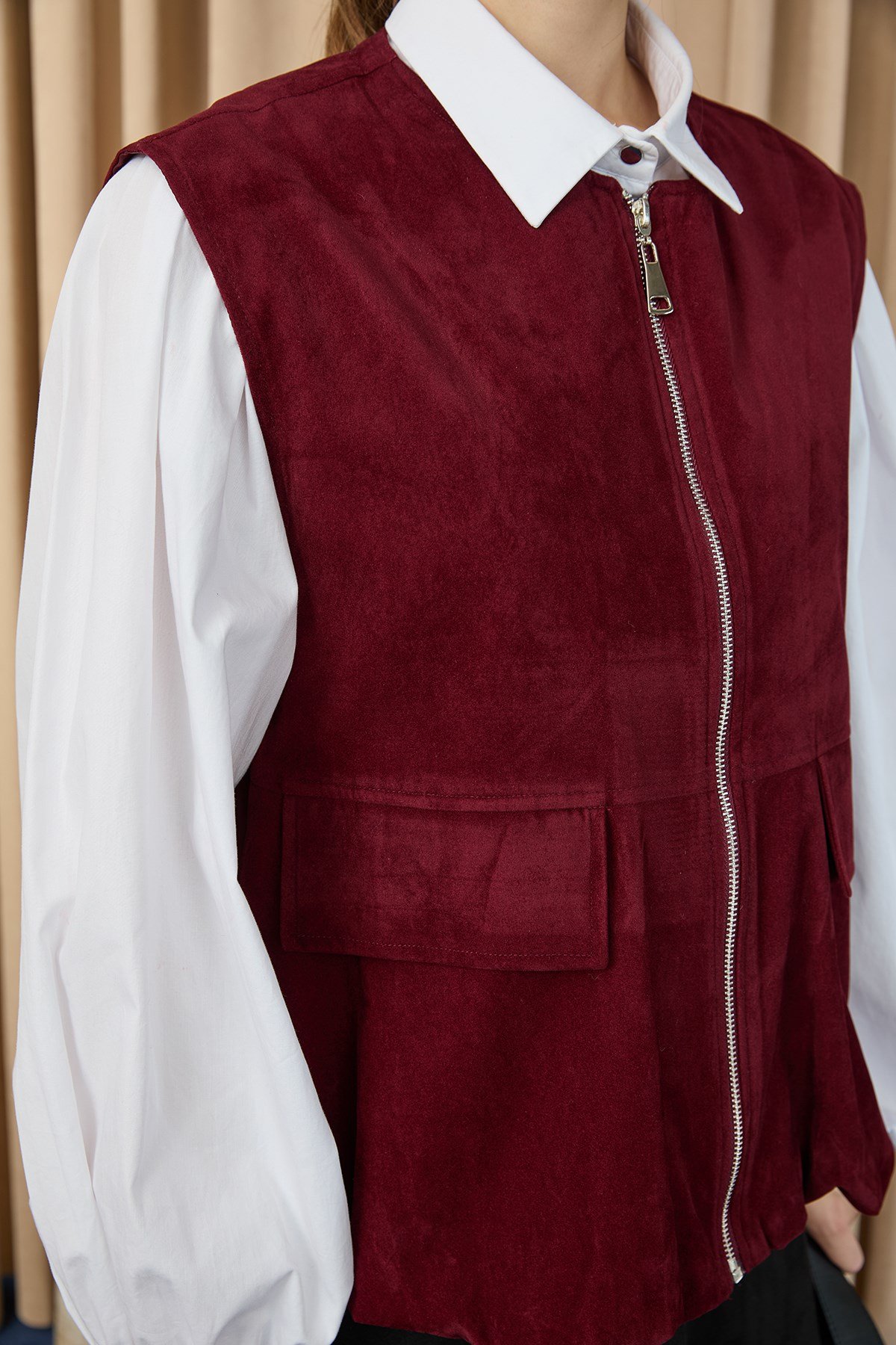 Kadın Cep Detaylı Süet Yelek  -  32404YLK Bordo Yelek Soul 