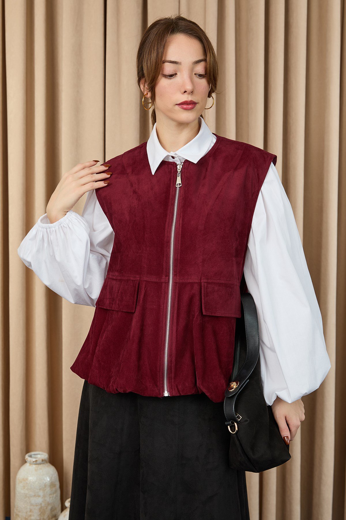Kadın Cep Detaylı Süet Yelek  -  32404YLK Bordo Yelek Soul 
