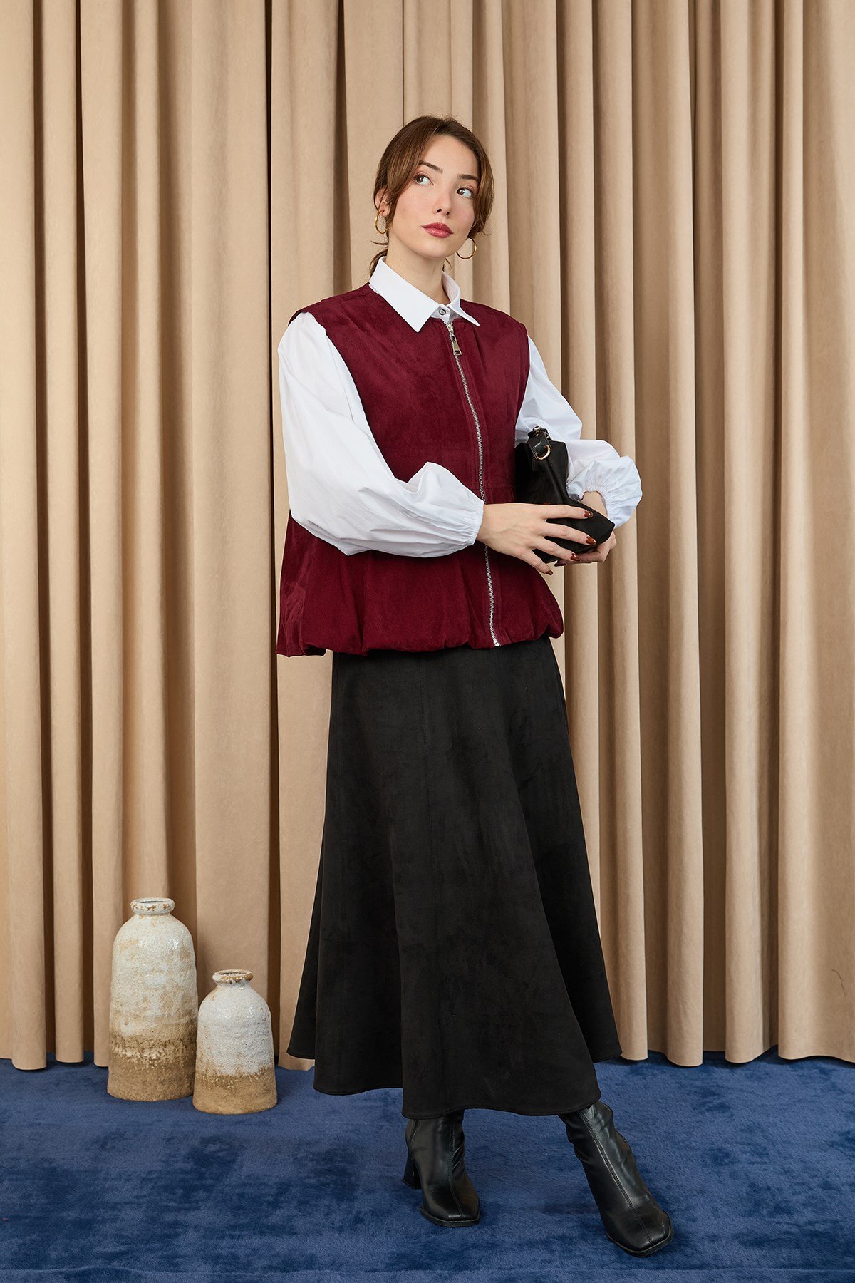 Kadın Cep Detaylı Süet Yelek  -  32404YLK Bordo Yelek Soul 