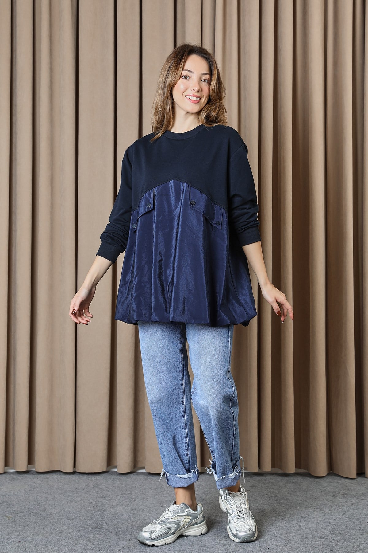 Kadın Cep Kapağı Detaylı Oversize Tunik - 20714TUN Lacivert Tunik Loreen 