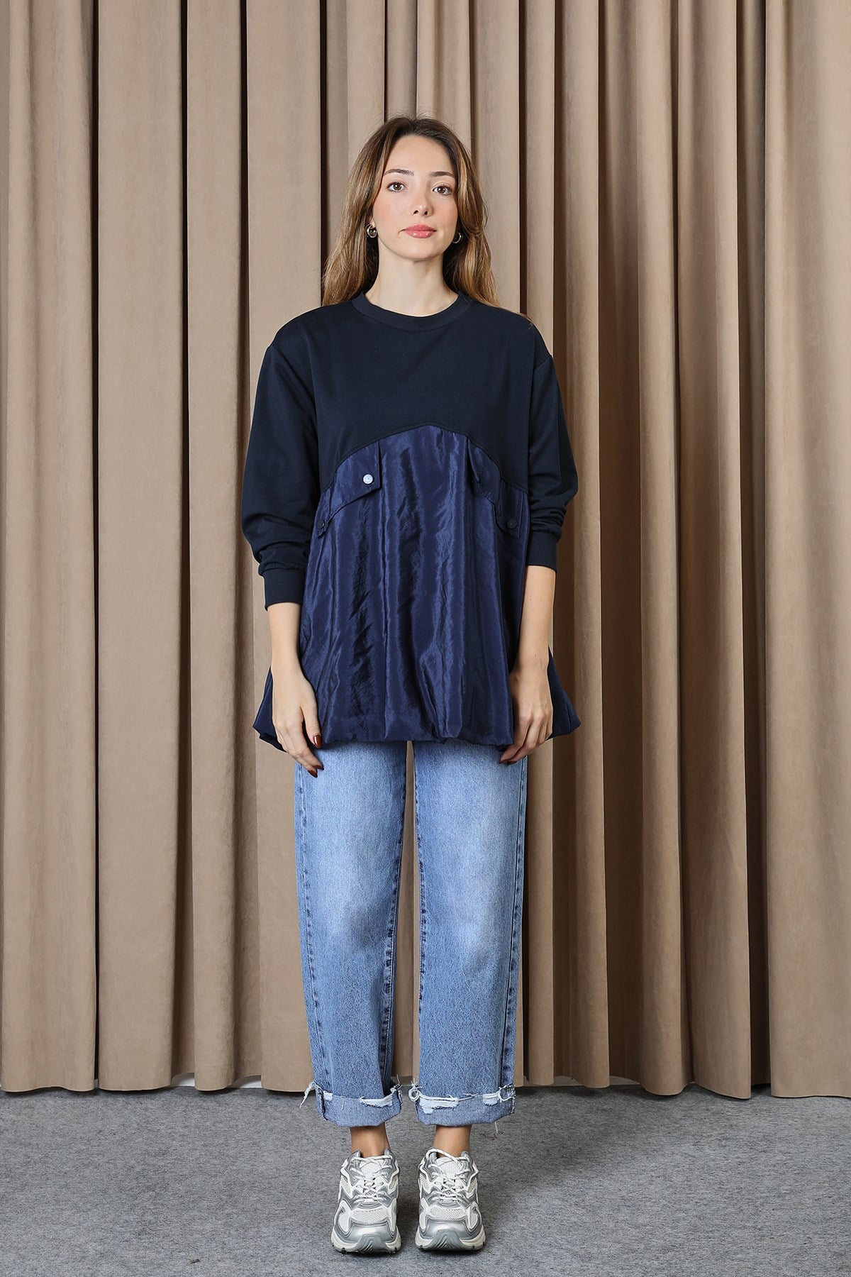 Kadın Cep Kapağı Detaylı Oversize Tunik - 20714TUN Lacivert Tunik Loreen 
