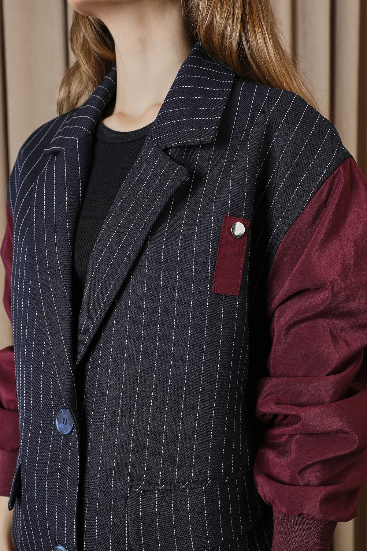 Kadın Çizgili Oversize Ceket  -  32401CKT - Lacivert-Bordo Ceket Soul 