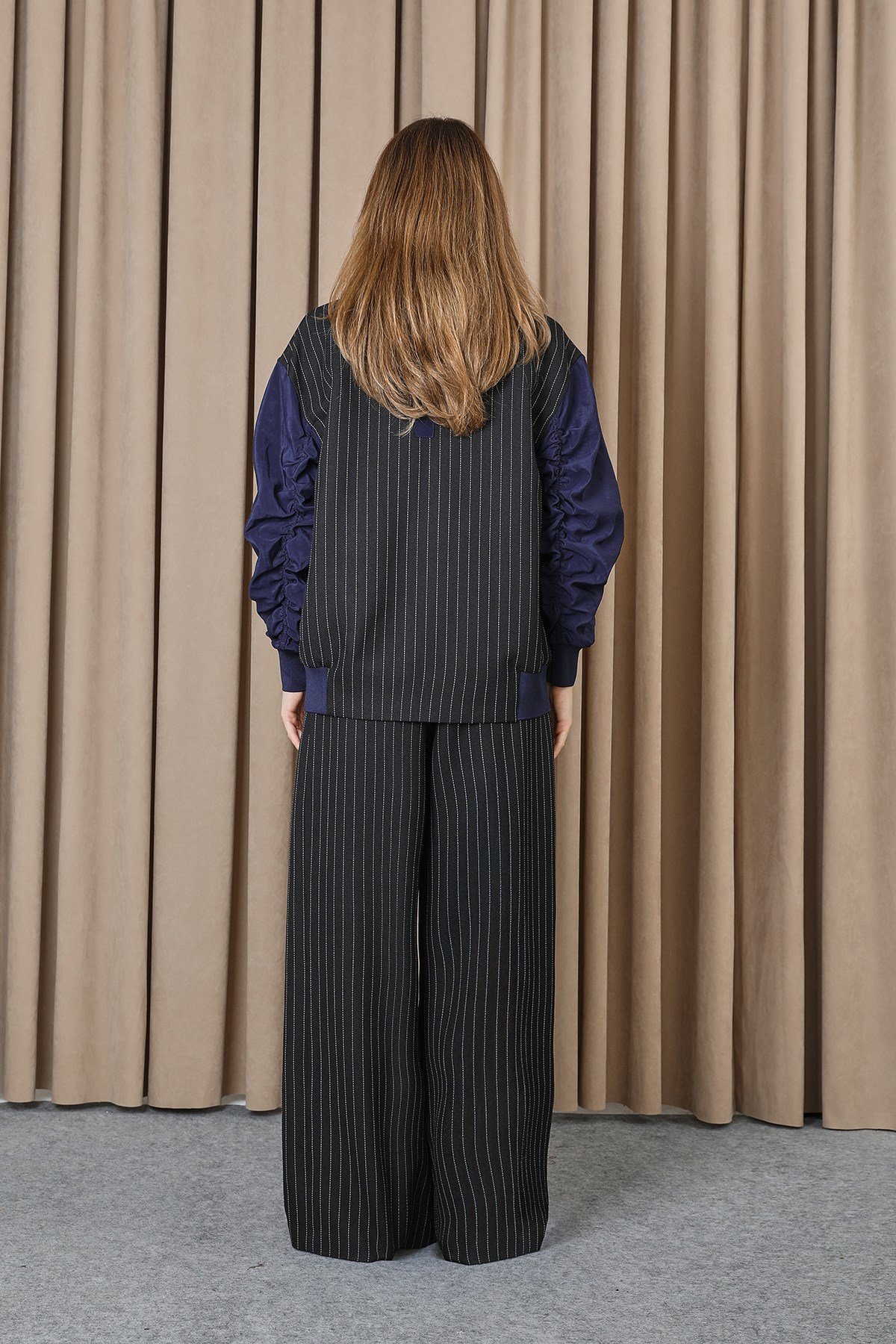 Kadın Çizgili Oversize Ceket  -  32401CKT - Siyah-Lacivert Ceket Soul 