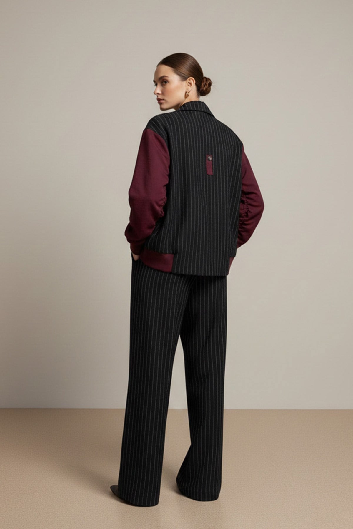 Kadın Çizgili Oversize Ceket  -  32401CKT - Lacivert-Bordo Ceket Soul 