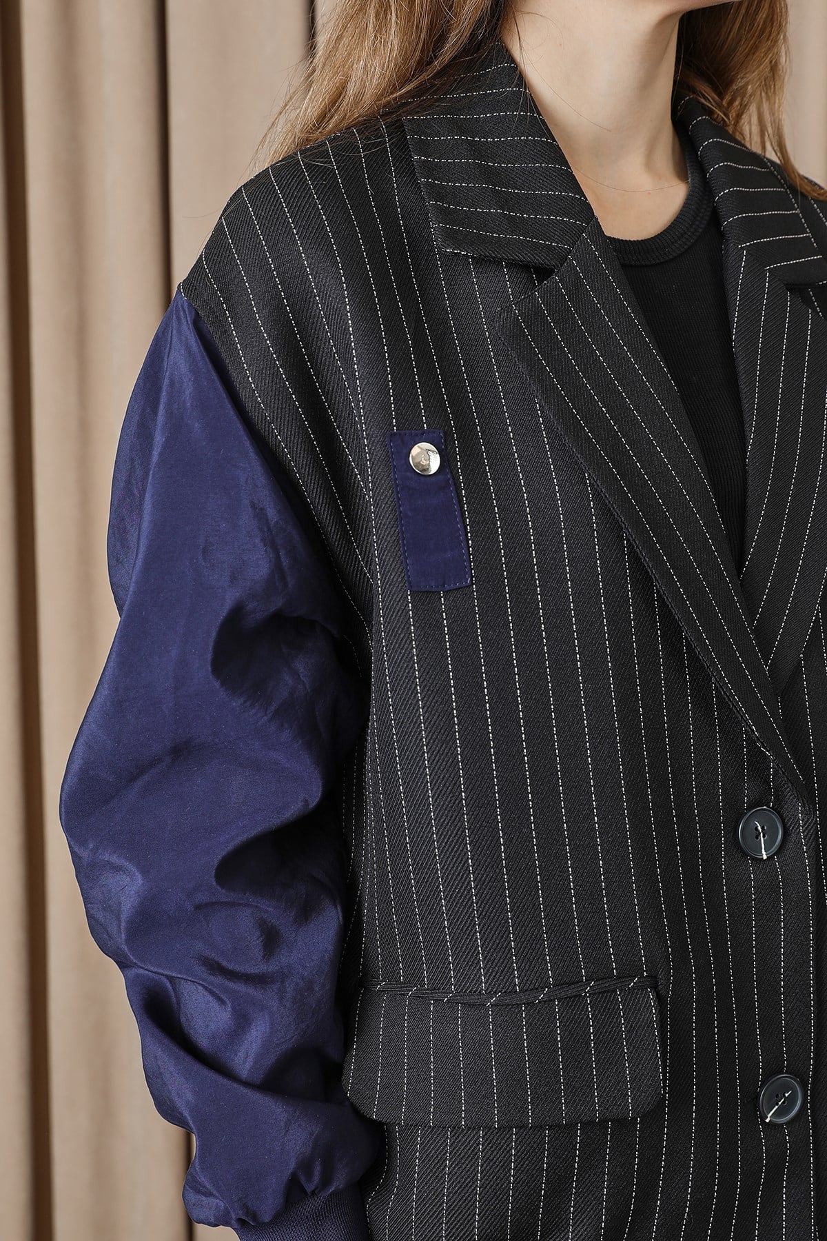 Kadın Çizgili Oversize Ceket  -  32401CKT - Siyah-Lacivert Ceket Soul 