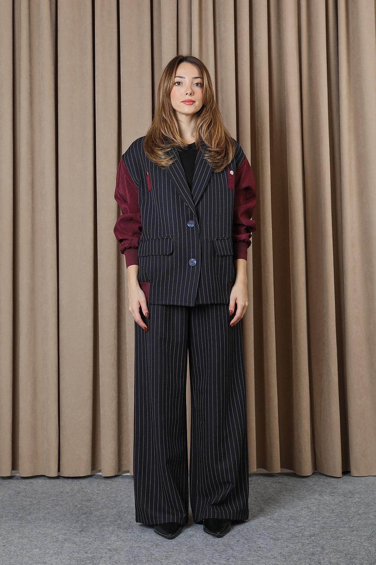 Kadın Çizgili Oversize Ceket  -  32401CKT - Lacivert-Bordo Ceket Soul 