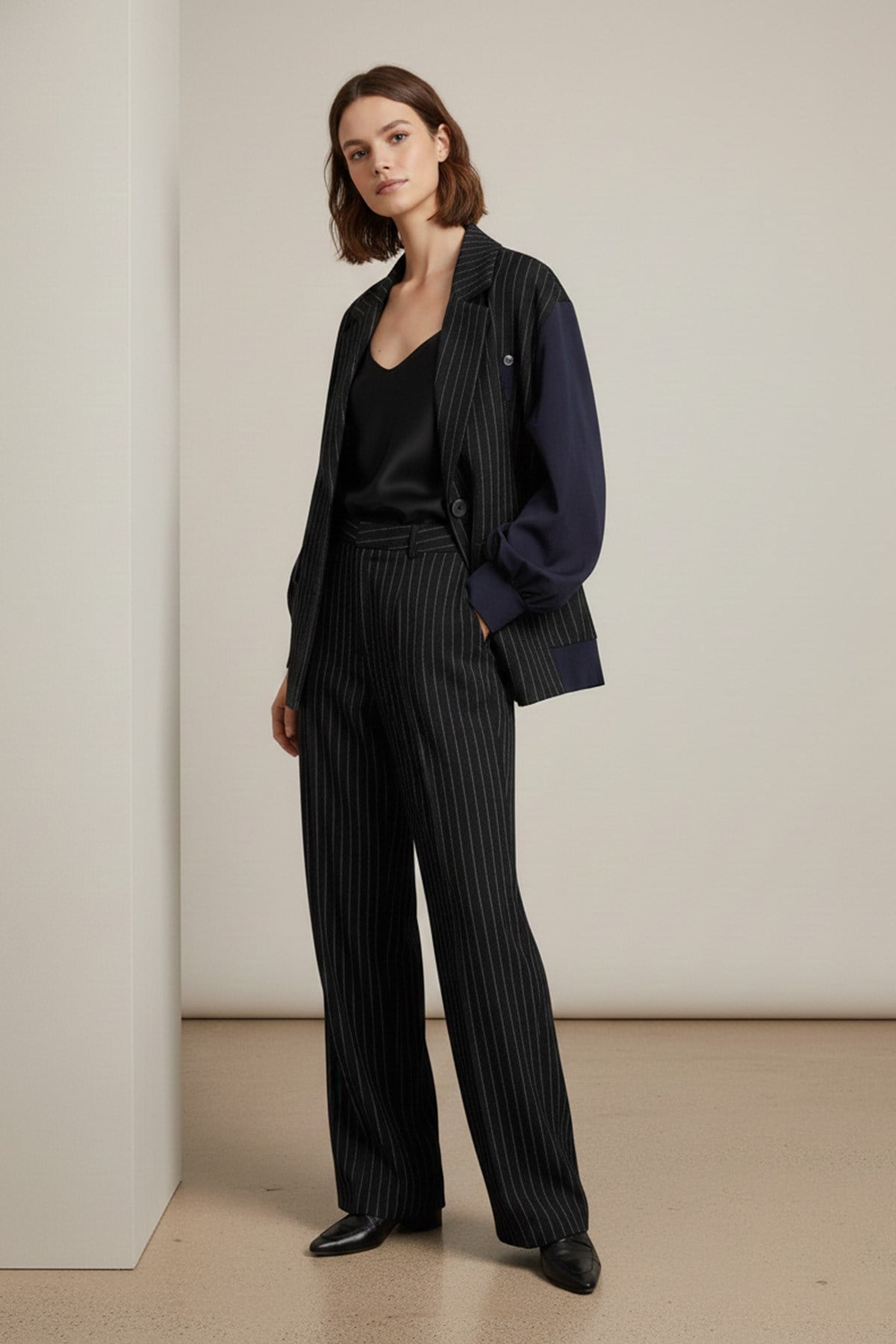 Kadın Çizgili Oversize Ceket  -  32401CKT - Siyah-Lacivert Ceket Soul 