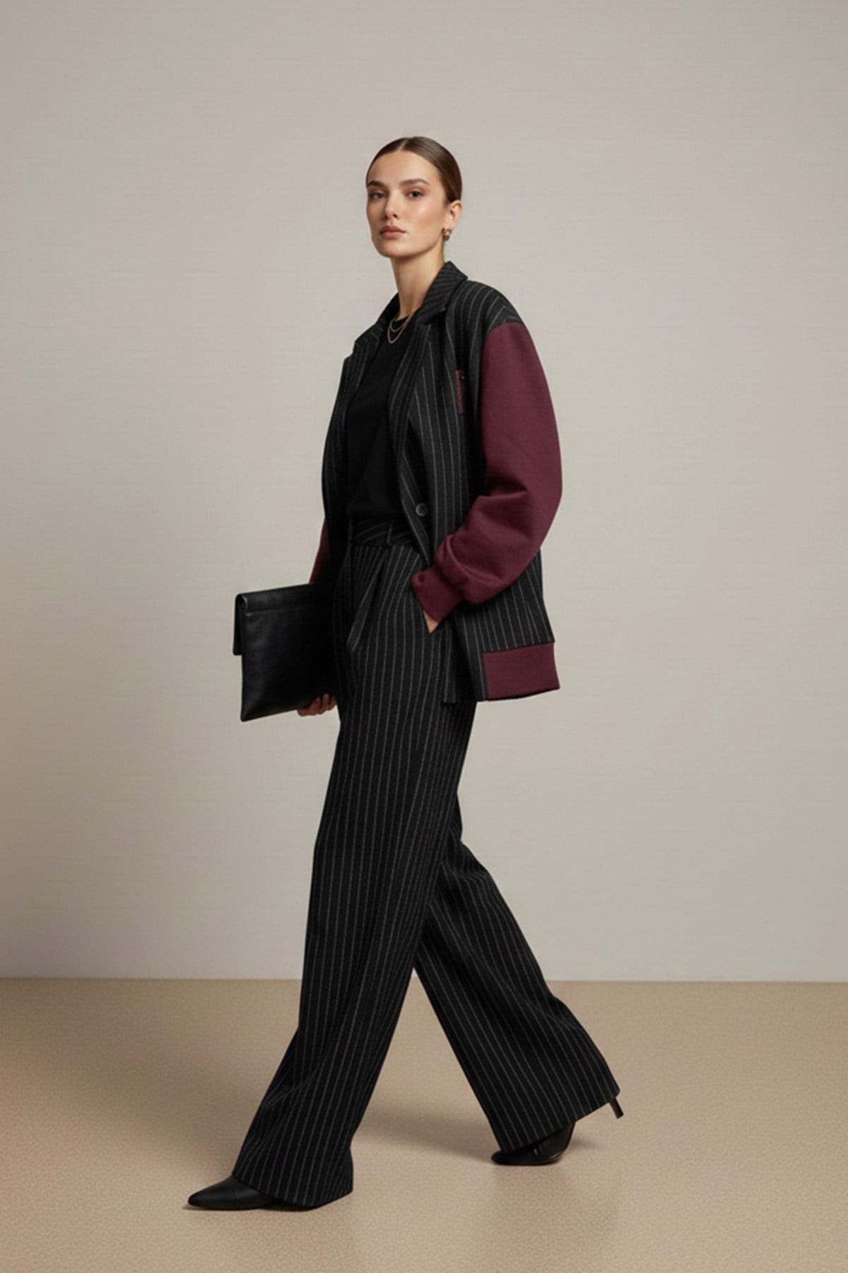 Kadın Çizgili Oversize Ceket  -  32401CKT - Lacivert-Bordo Ceket Soul 