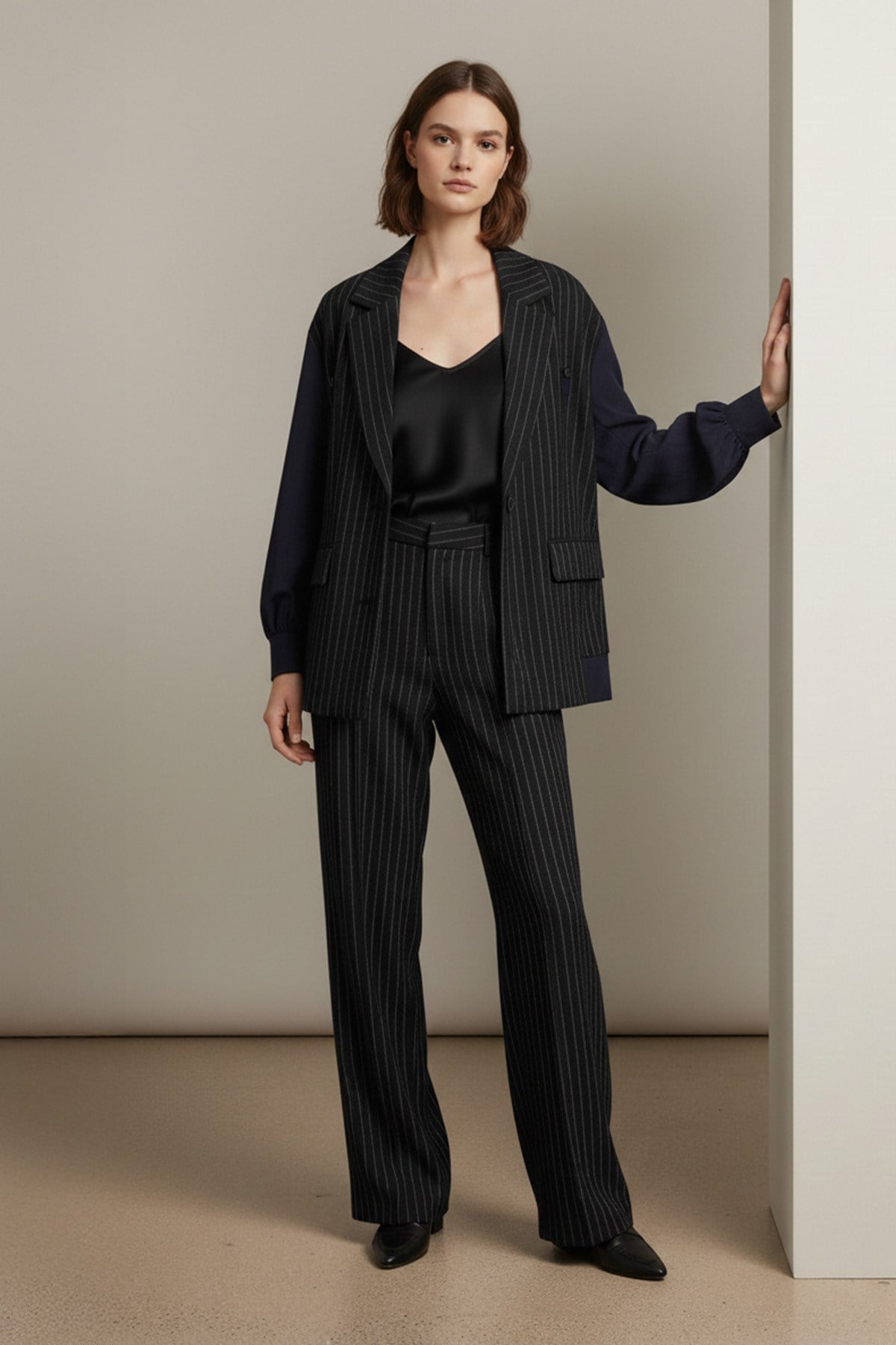 Kadın Çizgili Oversize Ceket  -  32401CKT - Siyah-Lacivert Ceket Soul 
