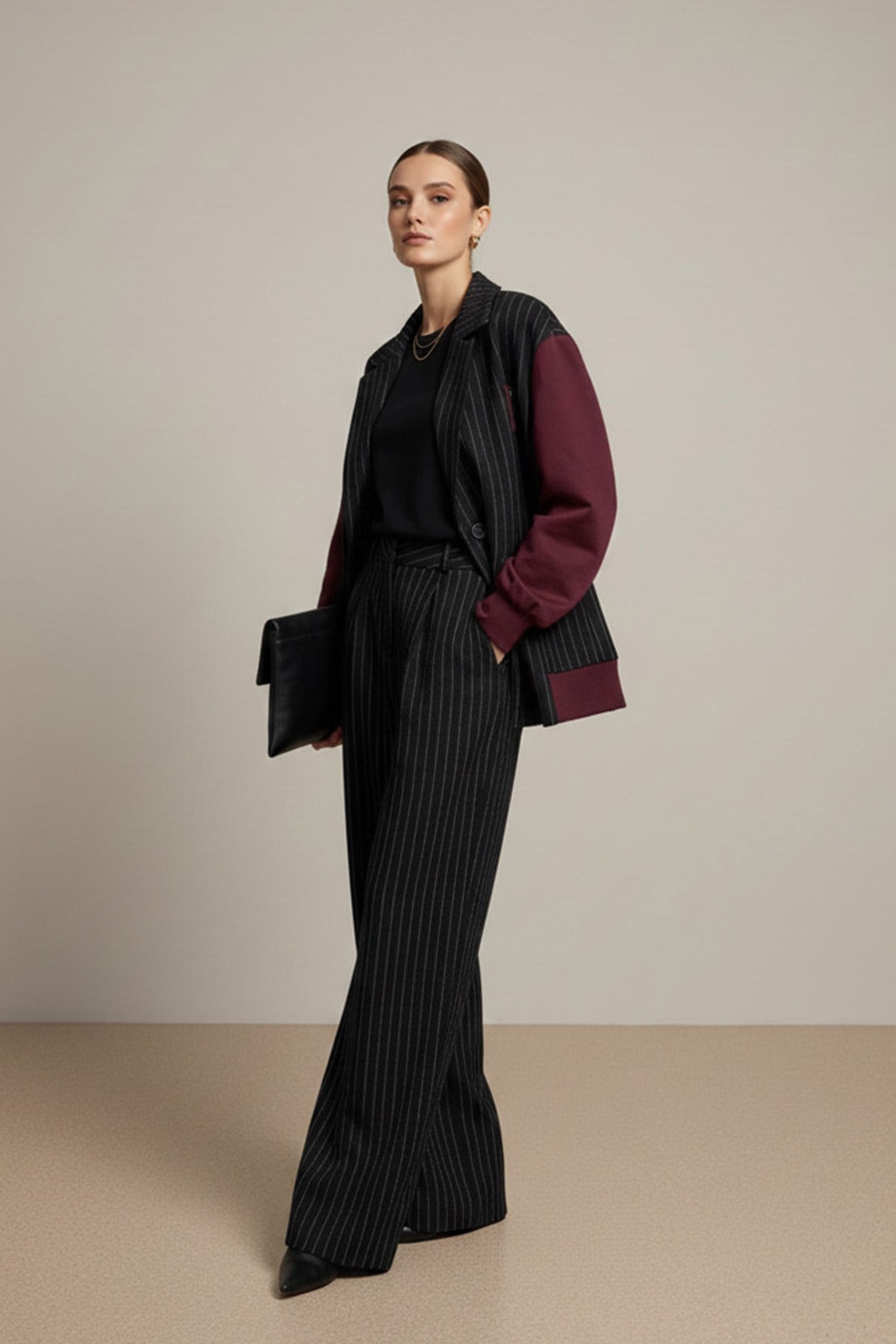 Kadın Çizgili Oversize Ceket  -  32401CKT - Lacivert-Bordo Ceket Soul 