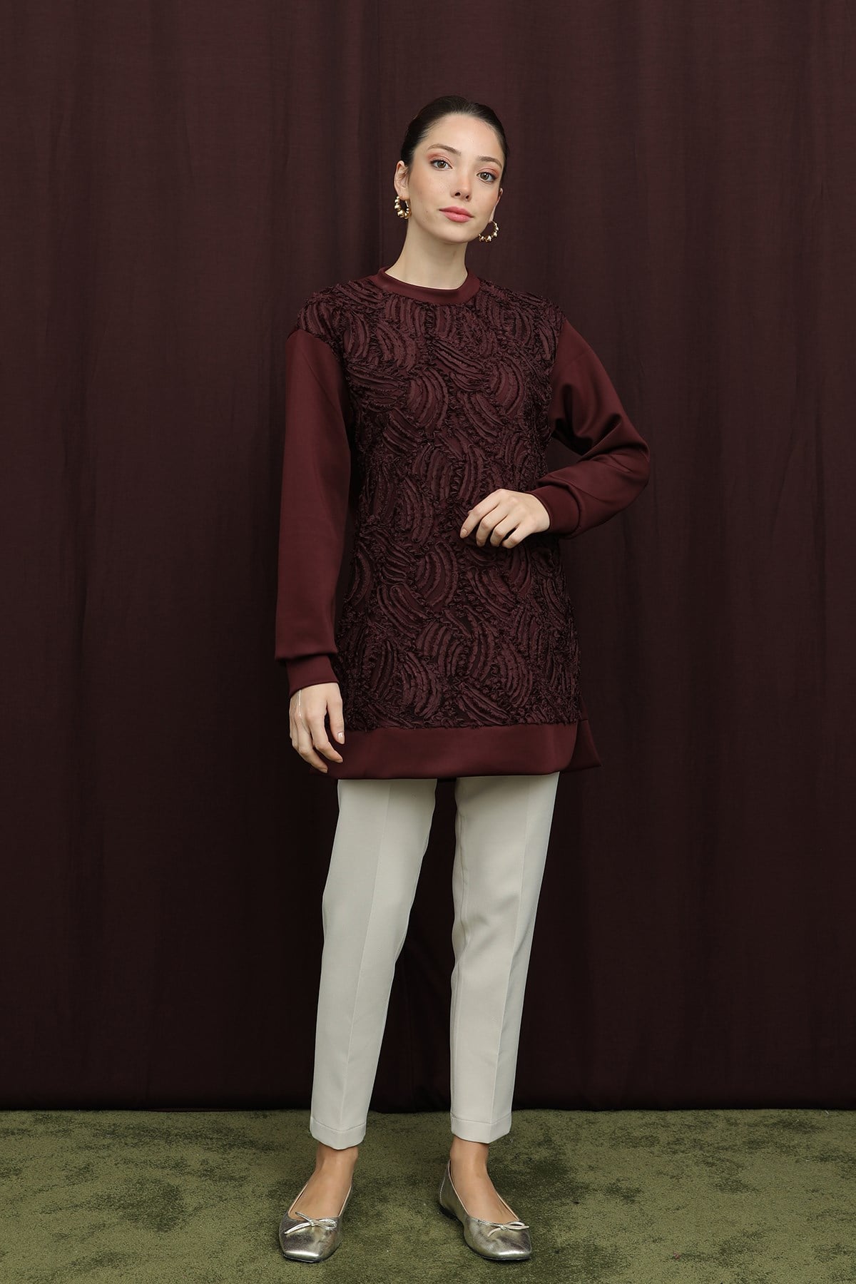 Kadın Dantelli Basic Tunik - 10726TUN - Bordo Tunik Puane 
