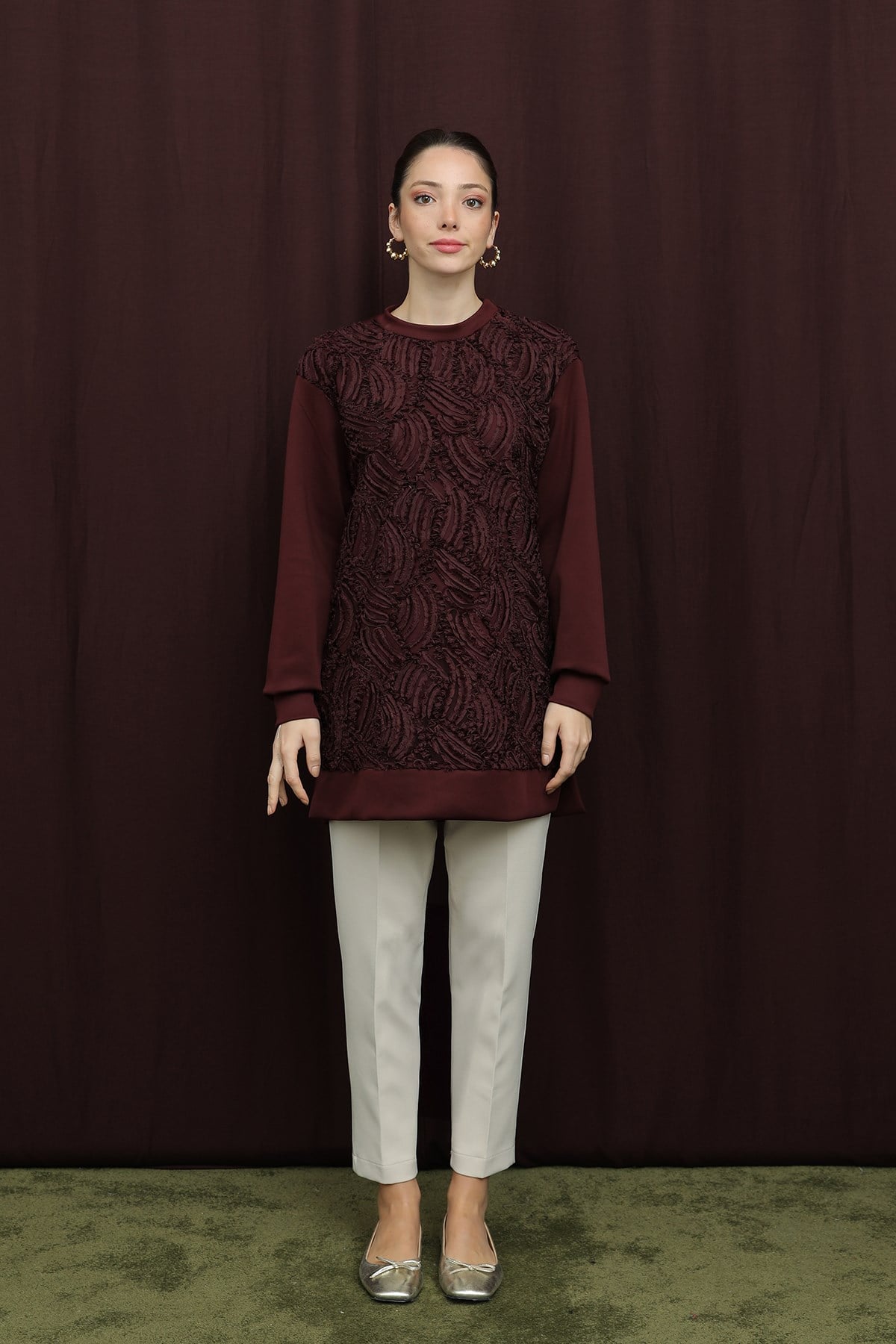 Kadın Dantelli Basic Tunik - 10726TUN - Bordo Tunik Puane 