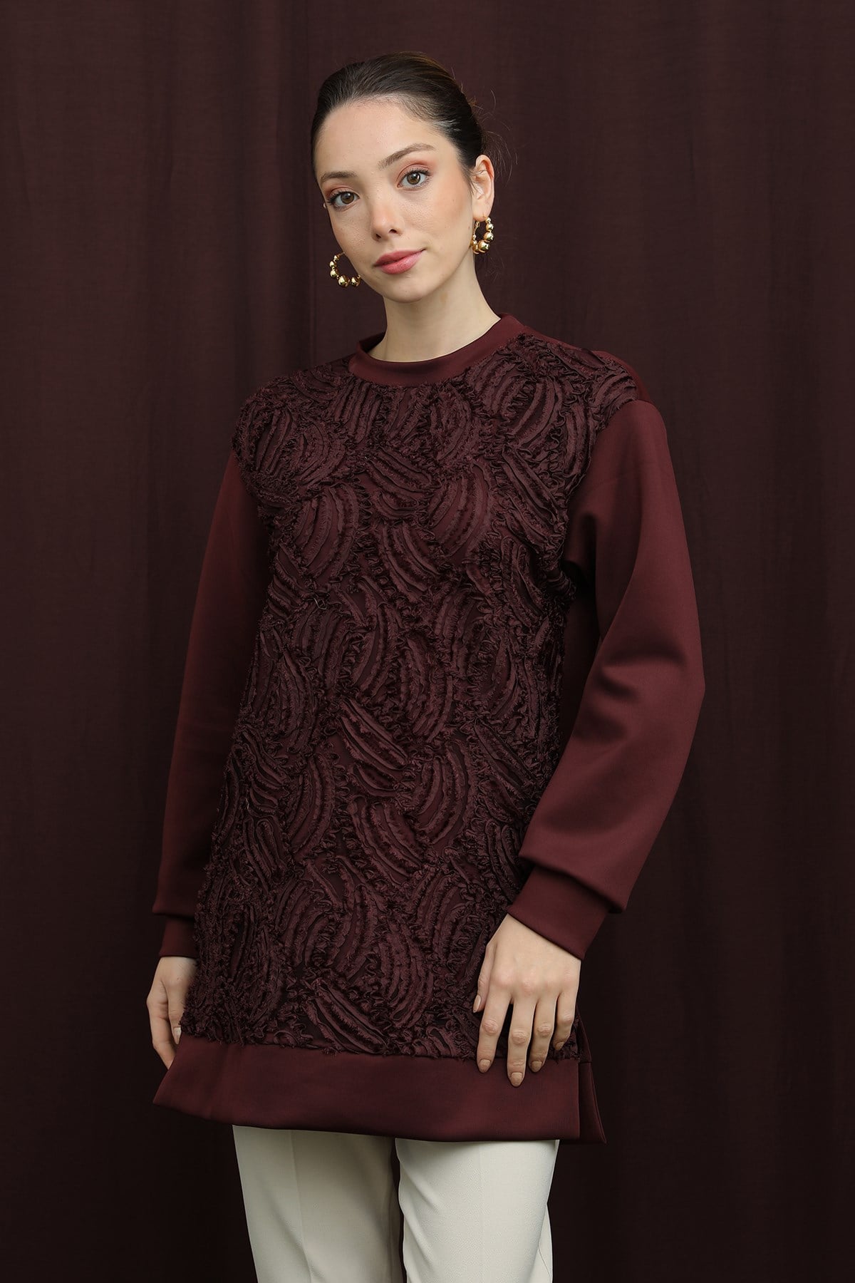 Kadın Dantelli Basic Tunik - 10726TUN - Bordo Tunik Puane 
