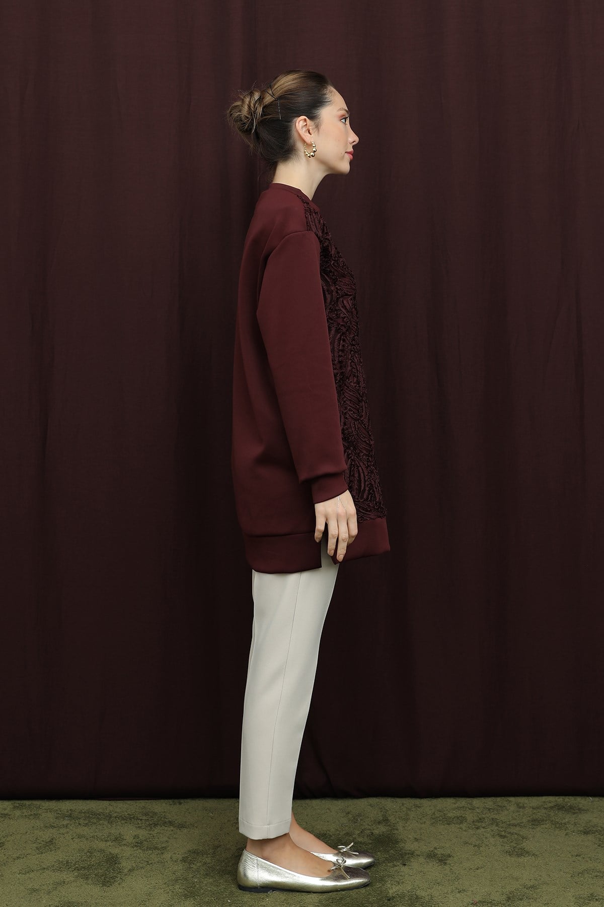 Kadın Dantelli Basic Tunik - 10726TUN - Bordo Tunik Puane 