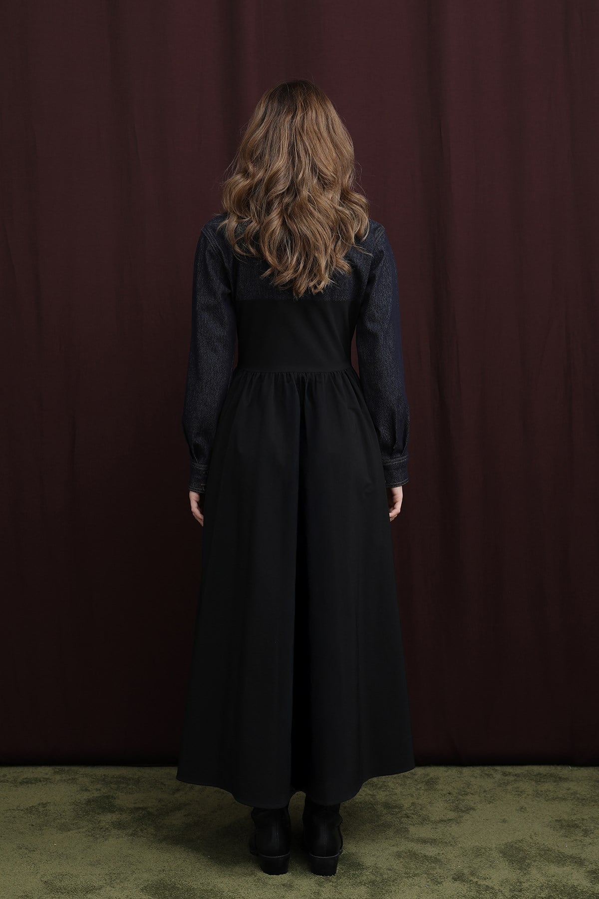 Kadın Denim Detaylı Asimetrik Kesim Elbise  -  32414ELB - Siyah Günlük Elbise Soul 