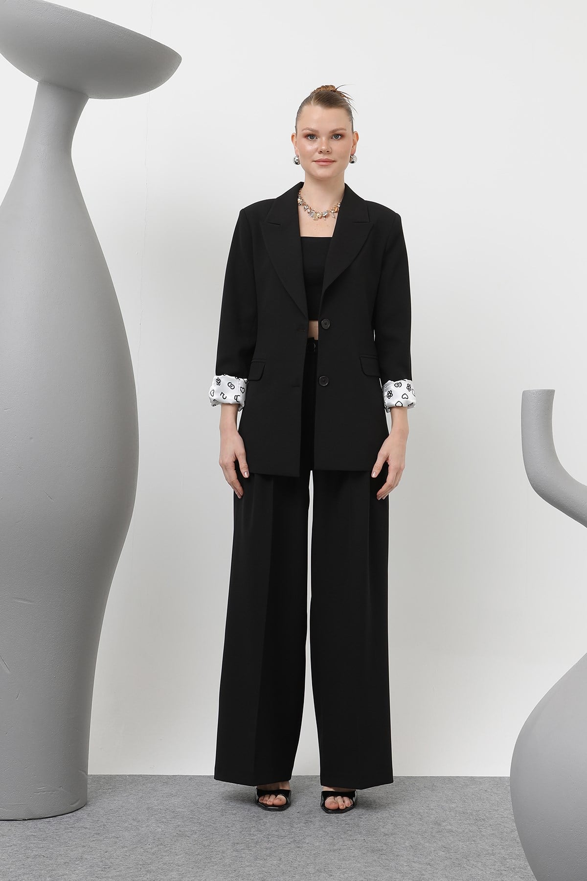 Kadın Desenli Astar Detaylı Pantolon - 32186PNT - Siyah Pantolon Soul 