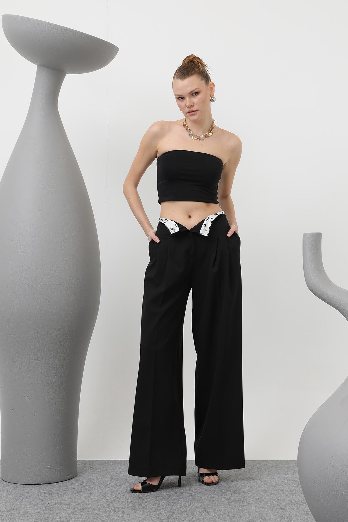 Kadın Desenli Astar Detaylı Pantolon - 32186PNT - Siyah Pantolon Soul 
