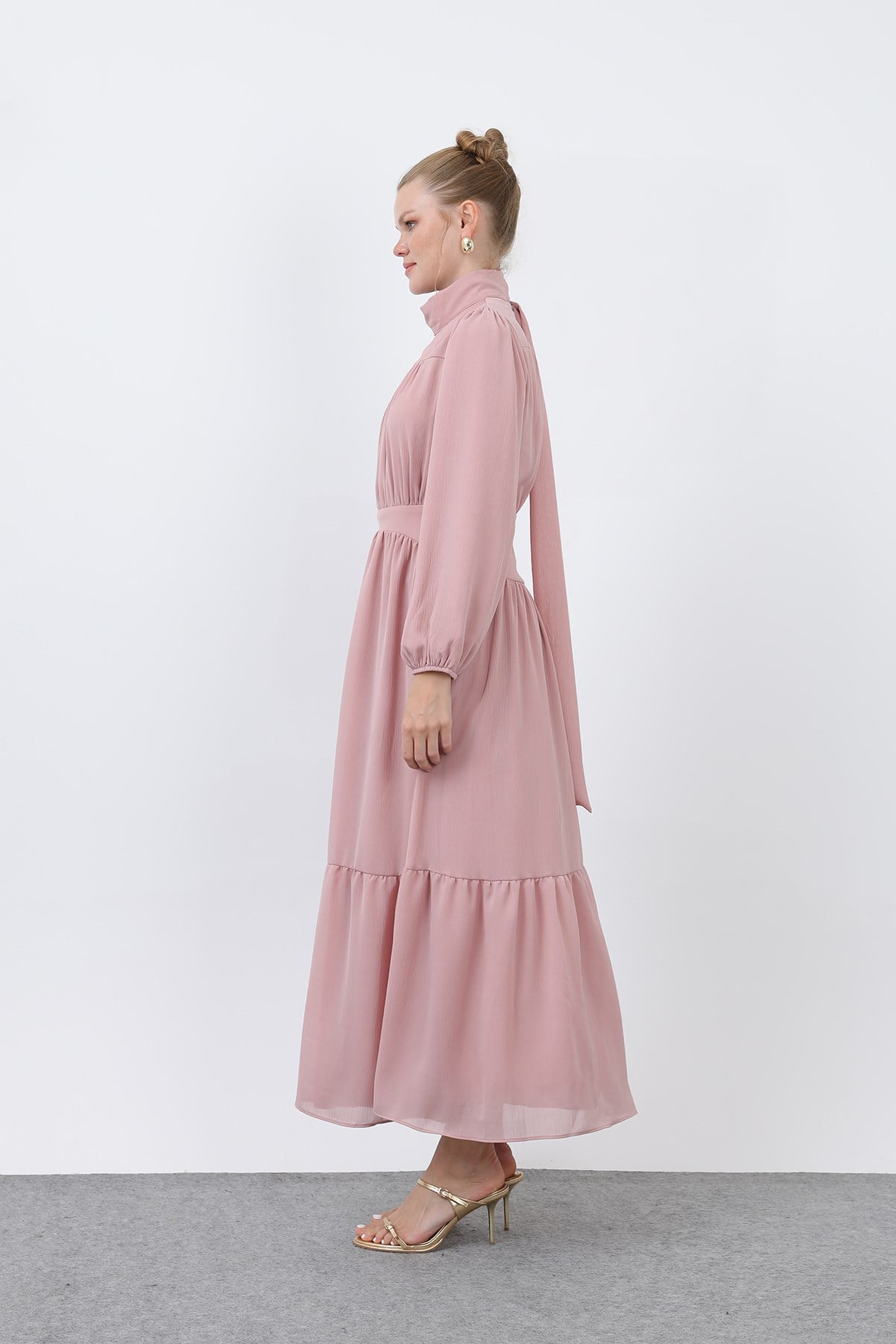 Kadın Drape Detaylı Yüksek Yaka Elbise - 12613ELB - Pudra Günlük Elbise Puane 