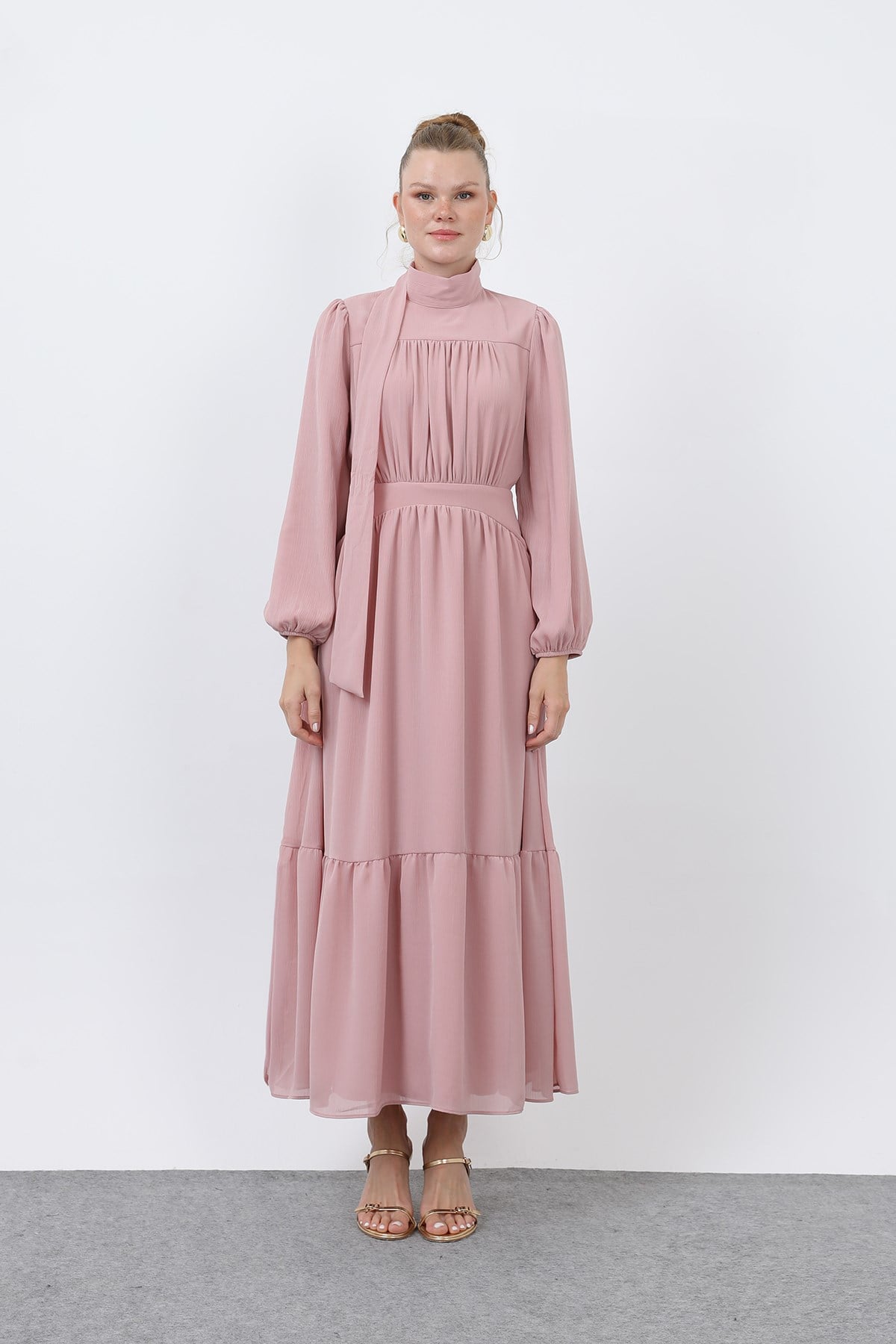 Kadın Drape Detaylı Yüksek Yaka Elbise - 12613ELB - Pudra Günlük Elbise Puane 