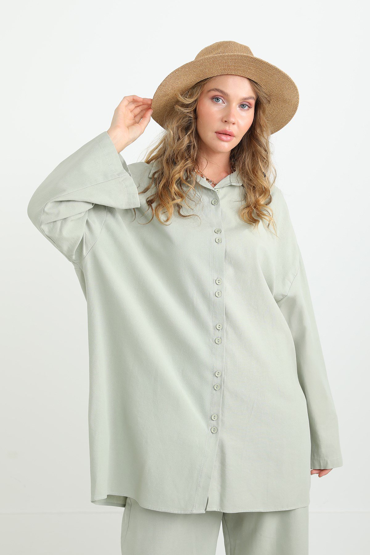 Kadın Düğme Detaylı Oversize Gömlekli Takım-20694TKS - Mint Yeşili Eşofman Takım Loreen 
