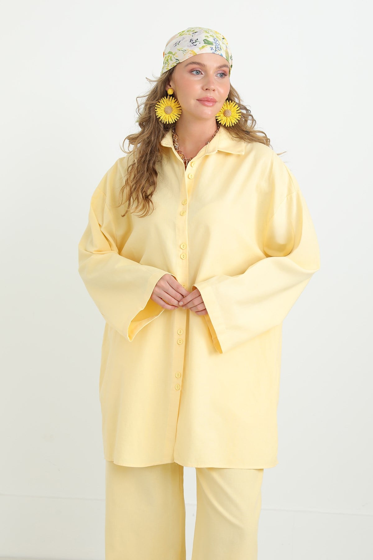 Kadın Düğme Detaylı Oversize Gömlekli Takım-20694TKS - Sarı Eşofman Takım Loreen 