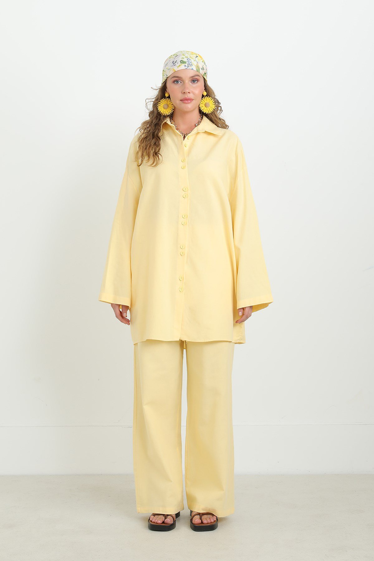 Kadın Düğme Detaylı Oversize Gömlekli Takım-20694TKS - Sarı Eşofman Takım Loreen 
