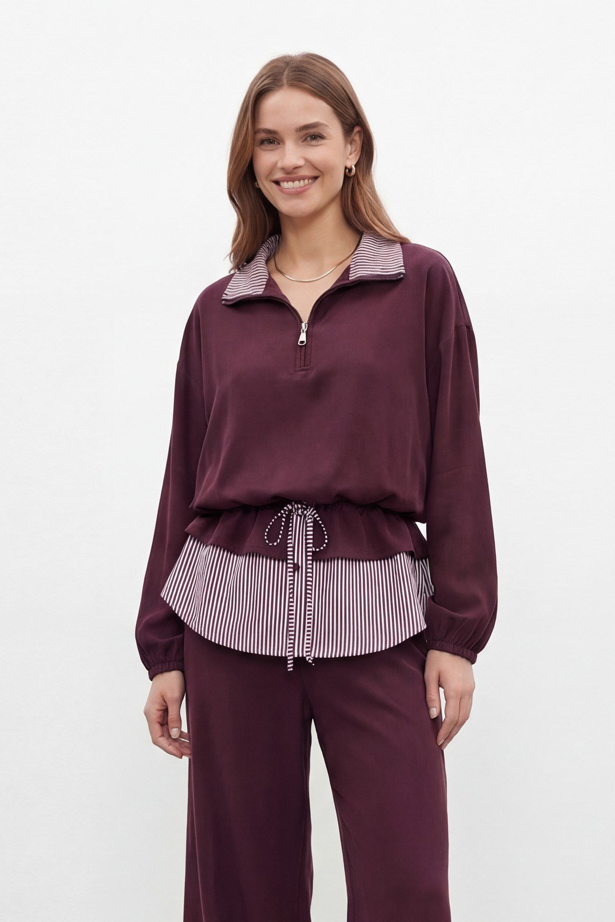 Kadın Düz Desenli Dokuma Tunik Pantolon Takım – 32462TKS - Bordo İkili Takımlar Soul 