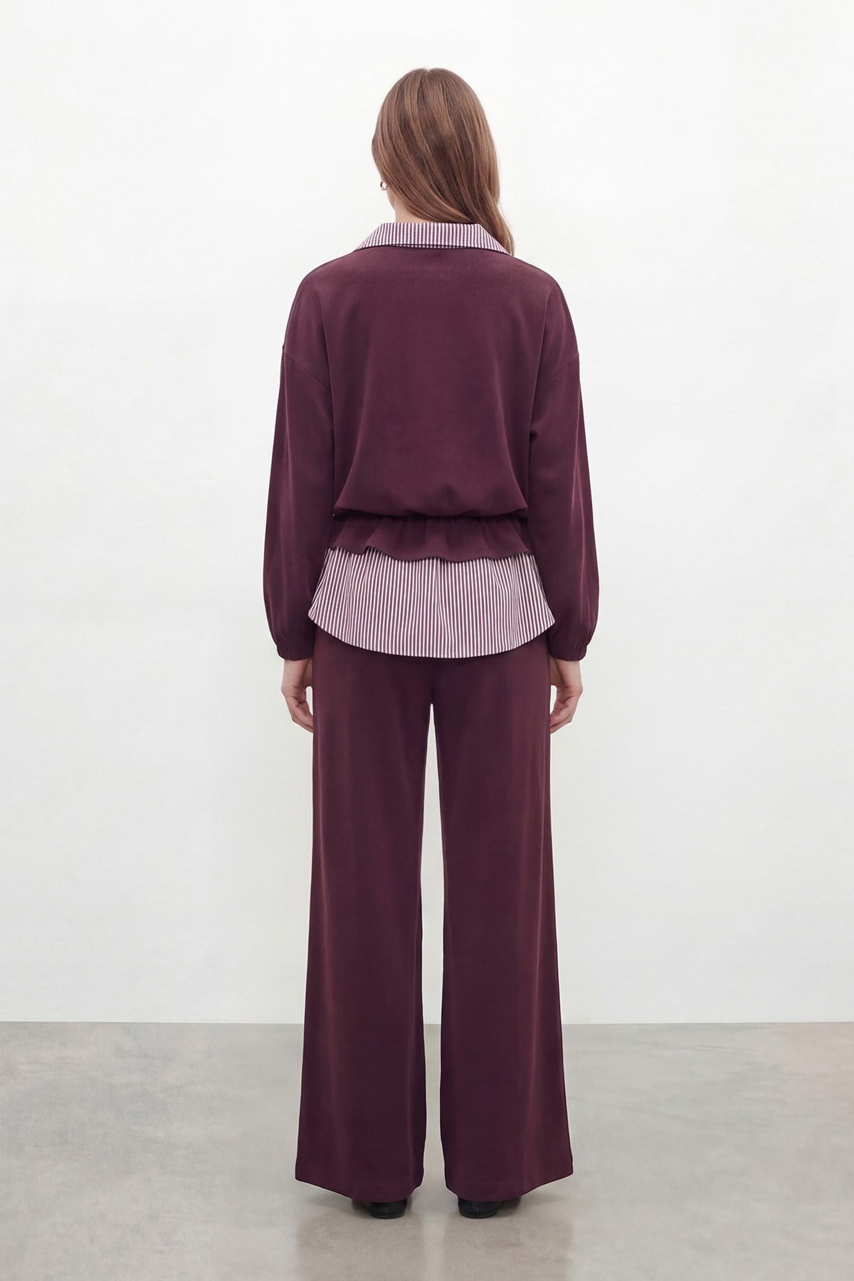 Kadın Düz Desenli Dokuma Tunik Pantolon Takım – 32462TKS - Bordo İkili Takımlar Soul 