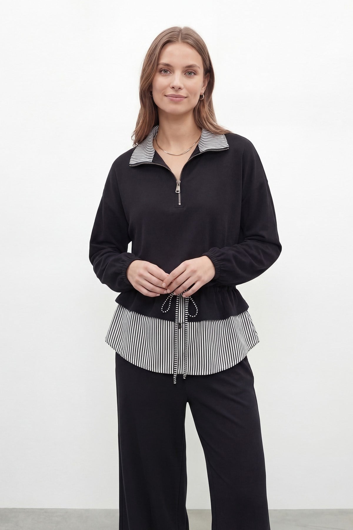 Kadın Düz Desenli Dokuma Tunik Pantolon Takım – 32462TKS - Siyah İkili Takımlar Soul 