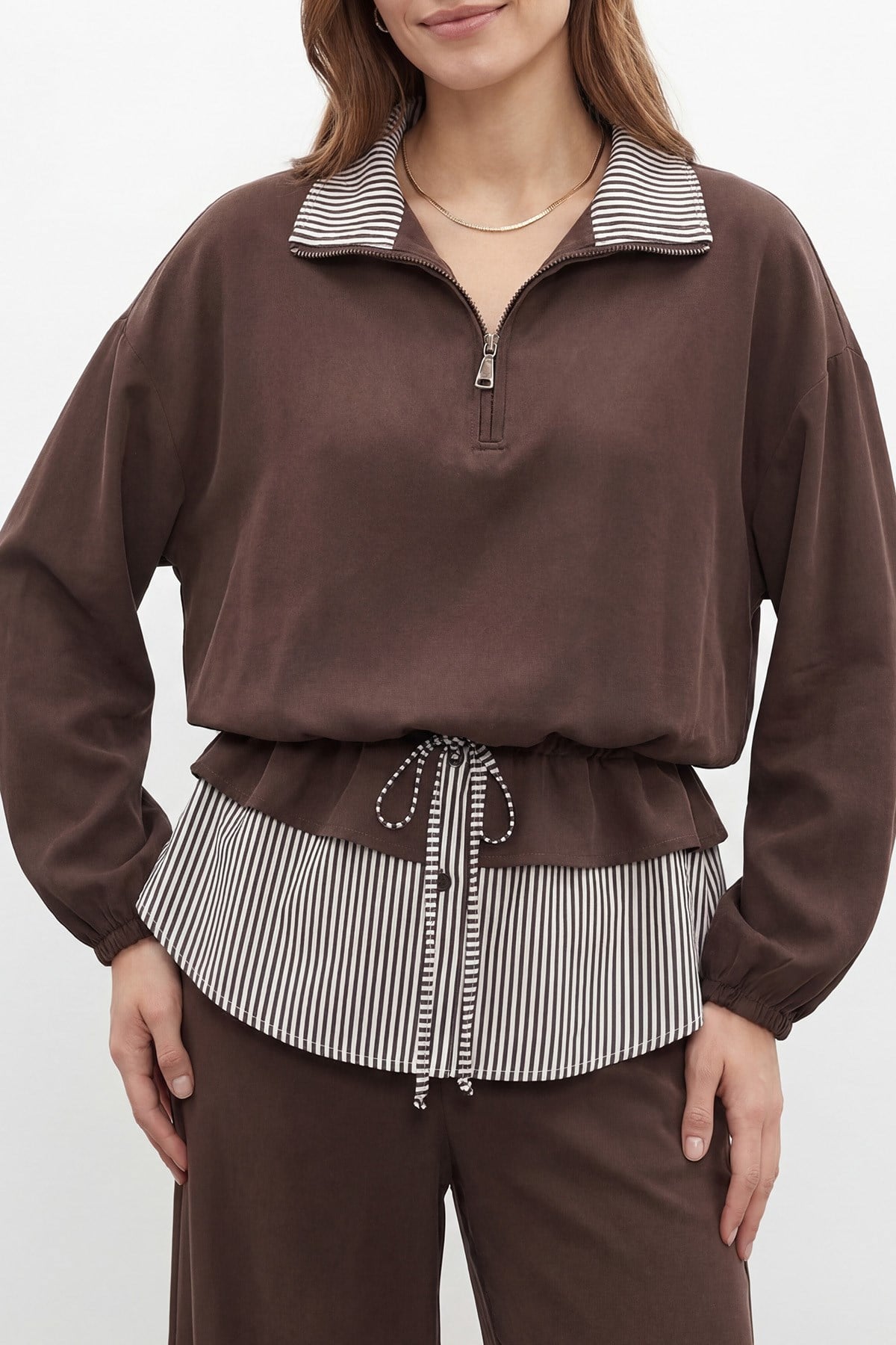 Kadın Düz Desenli Dokuma Tunik Pantolon Takım – 32462TKS - Kahverengi İkili Takımlar Soul 