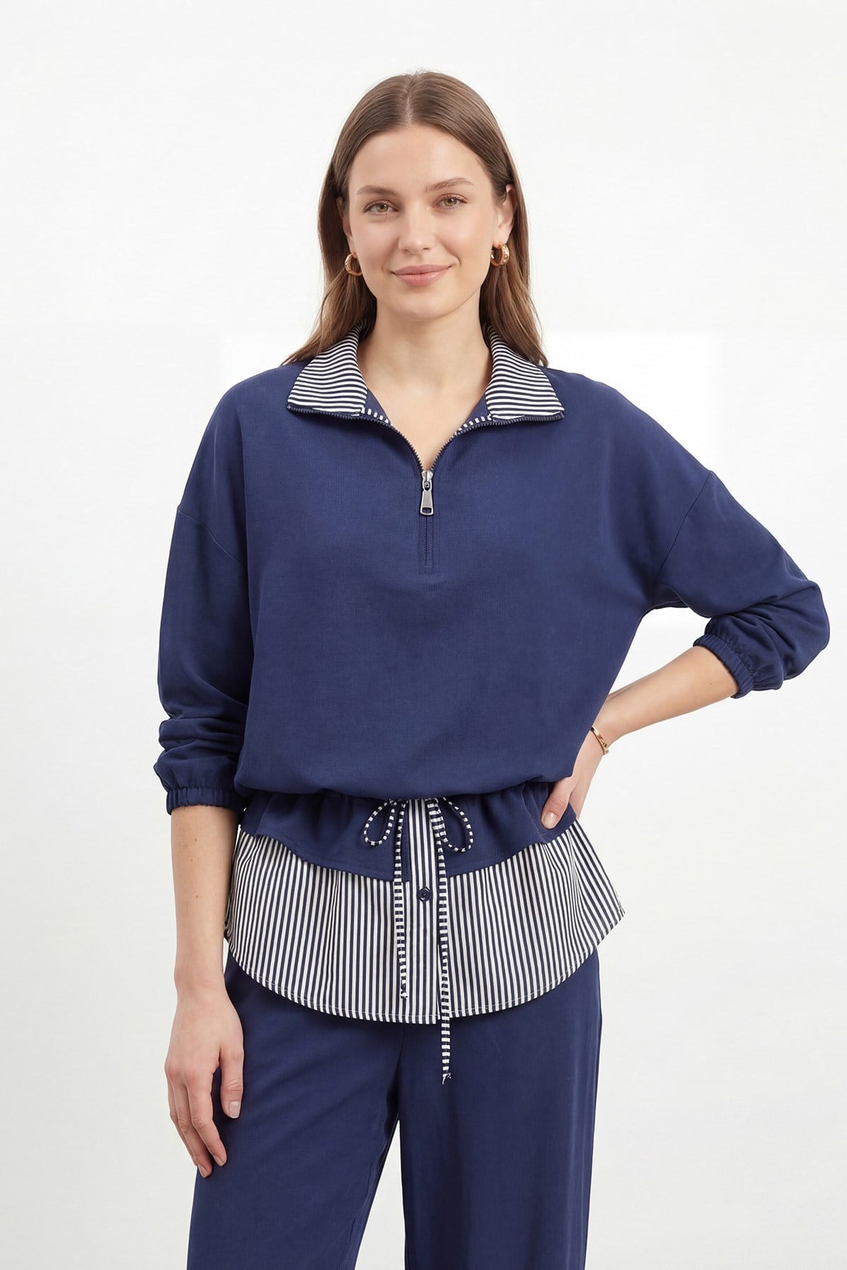 Kadın Düz Desenli Dokuma Tunik Pantolon Takım – 32462TKS - Lacivert İkili Takımlar Soul 