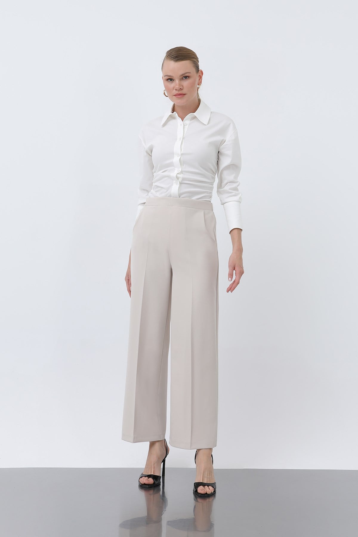 Kadın Düz Kesim Pantolon - 18243PNT - Bej Pantolon Puane 