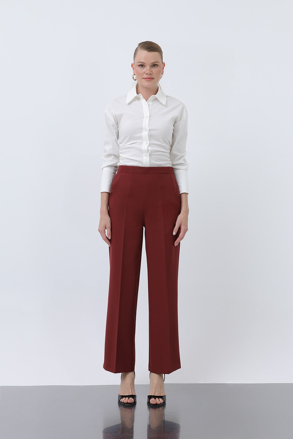 Kadın Düz Kesim Pantolon - 18243PNT - Bordo Pantolon Puane 