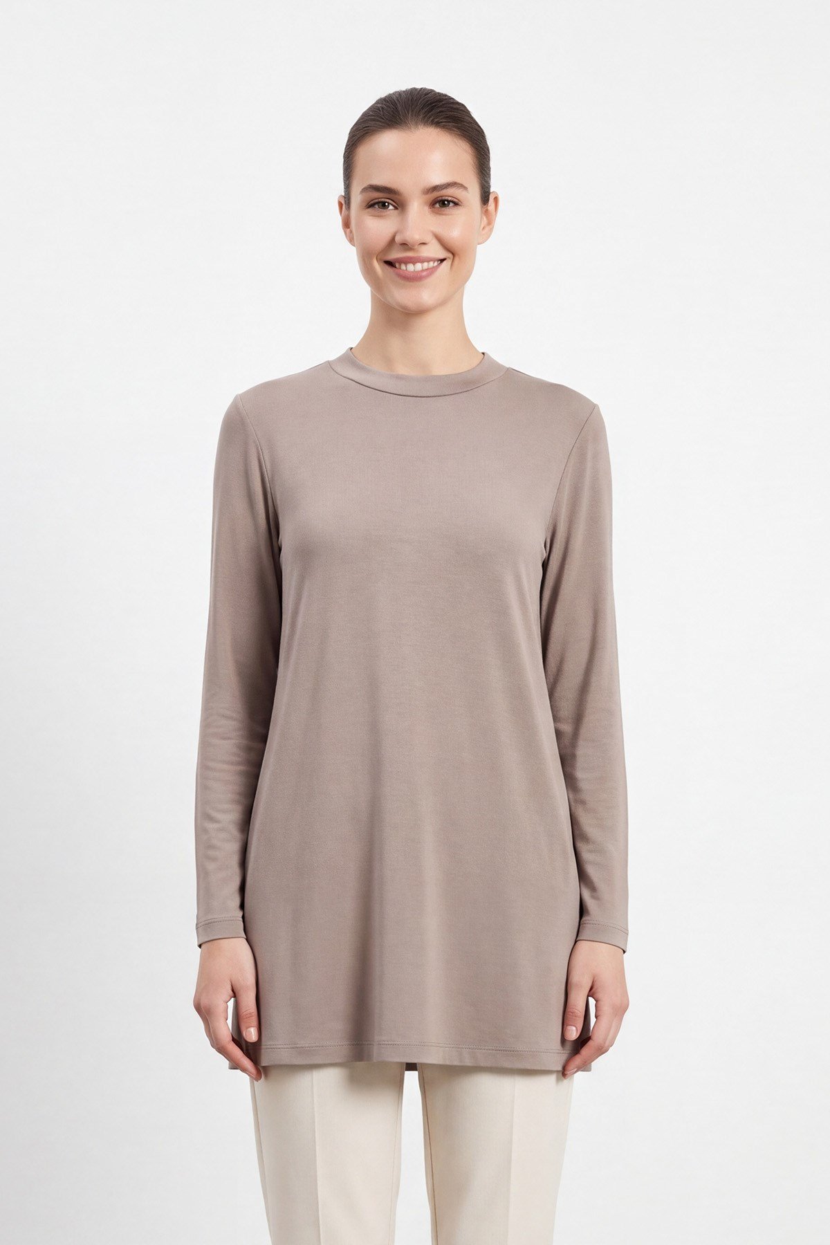 Kadın Düz Kesim Uzun Kollu Tunik - 40021TUN - Vizon Tunik Puane 