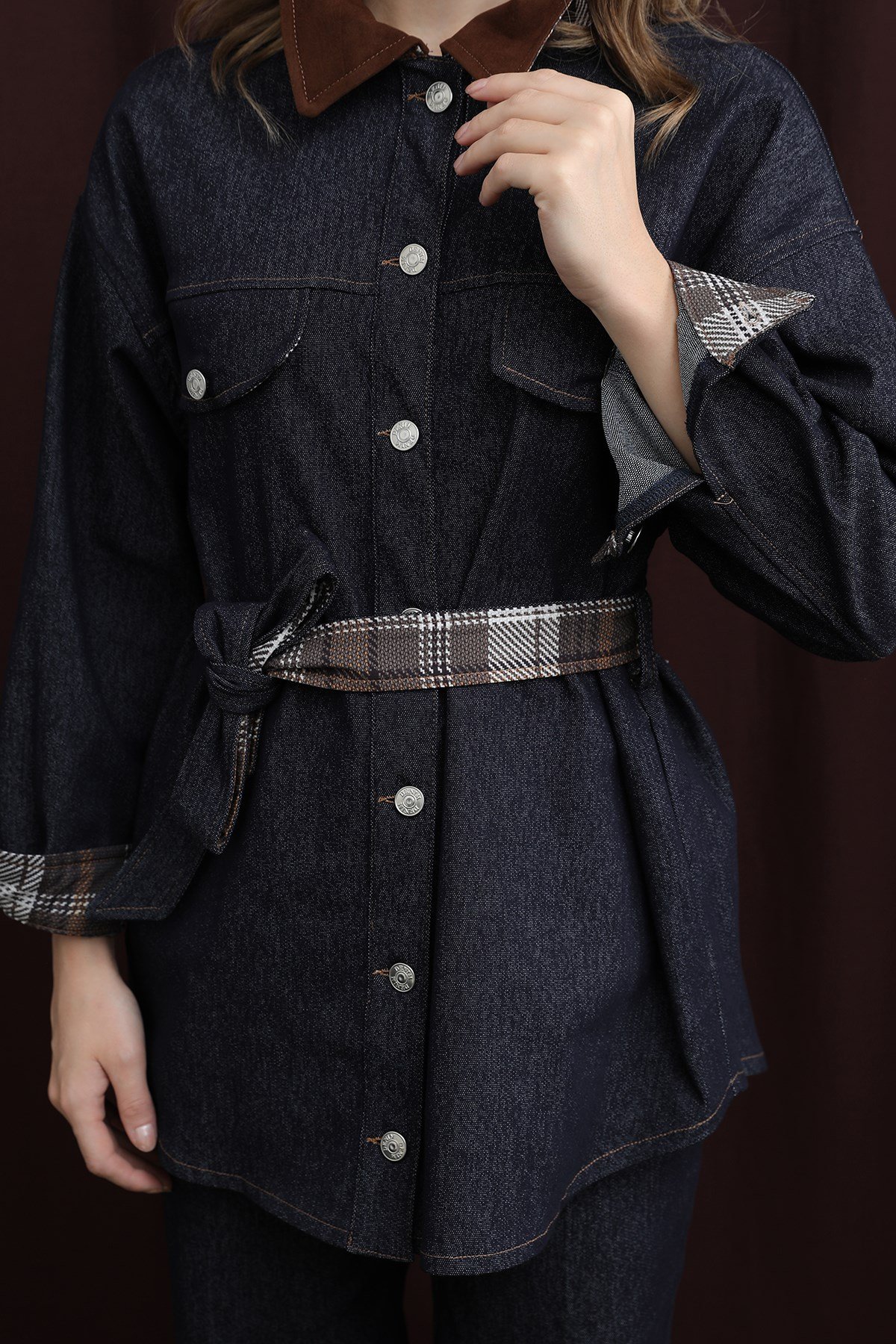 Kadın Ekose Detaylı Denim Ceket  -  32413CKT - Lacivert Ceket Soul 