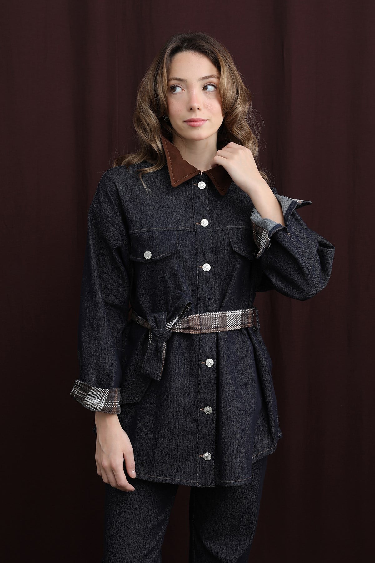 Kadın Ekose Detaylı Denim Ceket  -  32413CKT - Lacivert Ceket Soul 