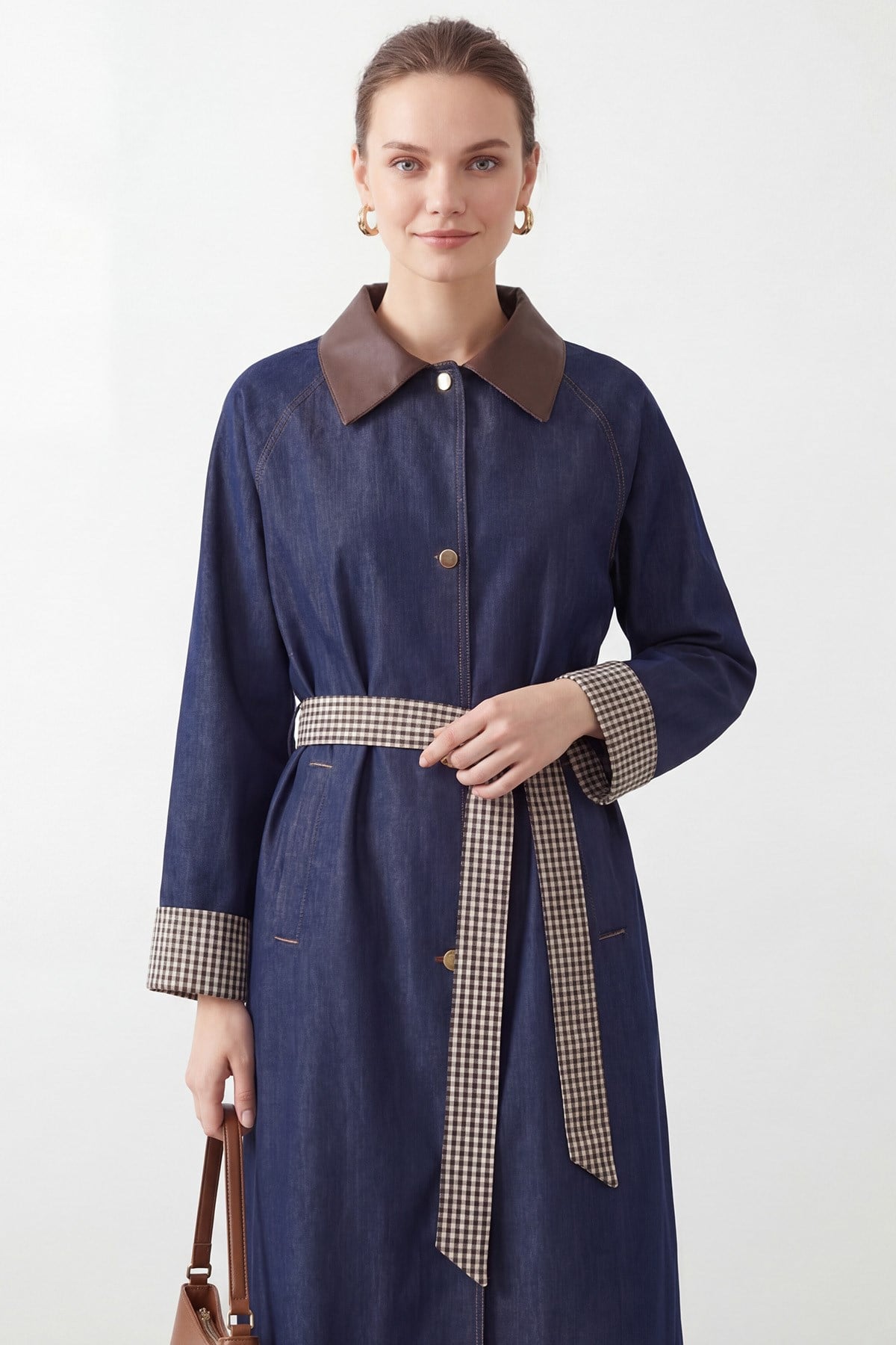 Kadın Ekose Detaylı Kuşaklı Denim Trenchcoat-32479TRC Lacivert Trençkot Soul 