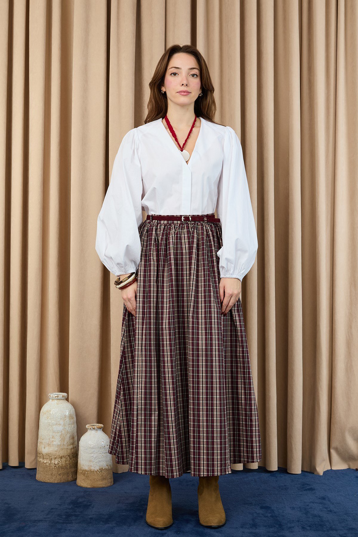 Kadın Ekose Etek  -  32418ETK - Bordo Etek Soul 