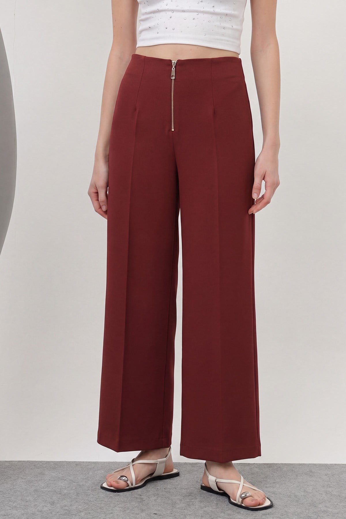Kadın Fermuar Detaylı Pensli Pantolon- 18228PNT - Bordo Pantolon Puane 