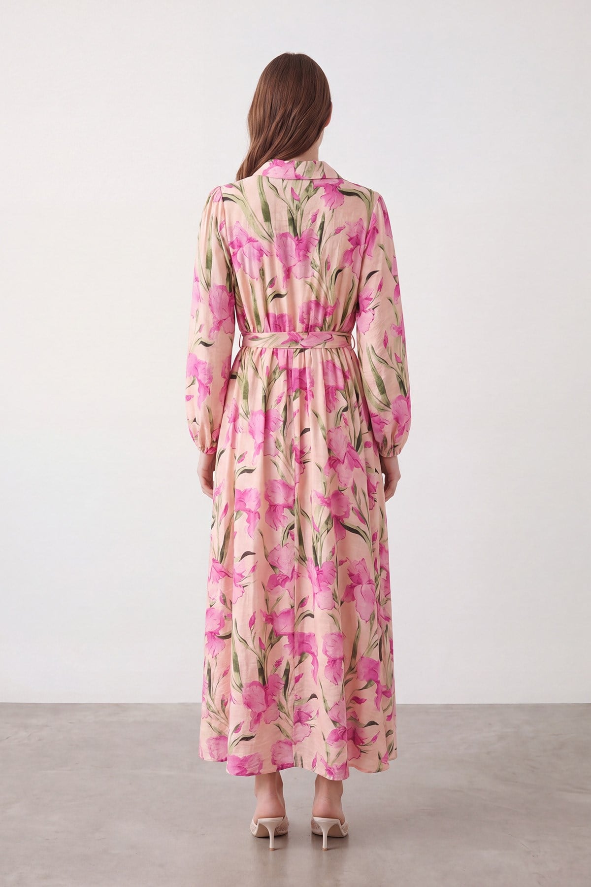 Kadın Floral Desenli Kuşaklı Uzun  Elbise - 32511ELB - Pudra-Pembe Günlük Elbise Soul 