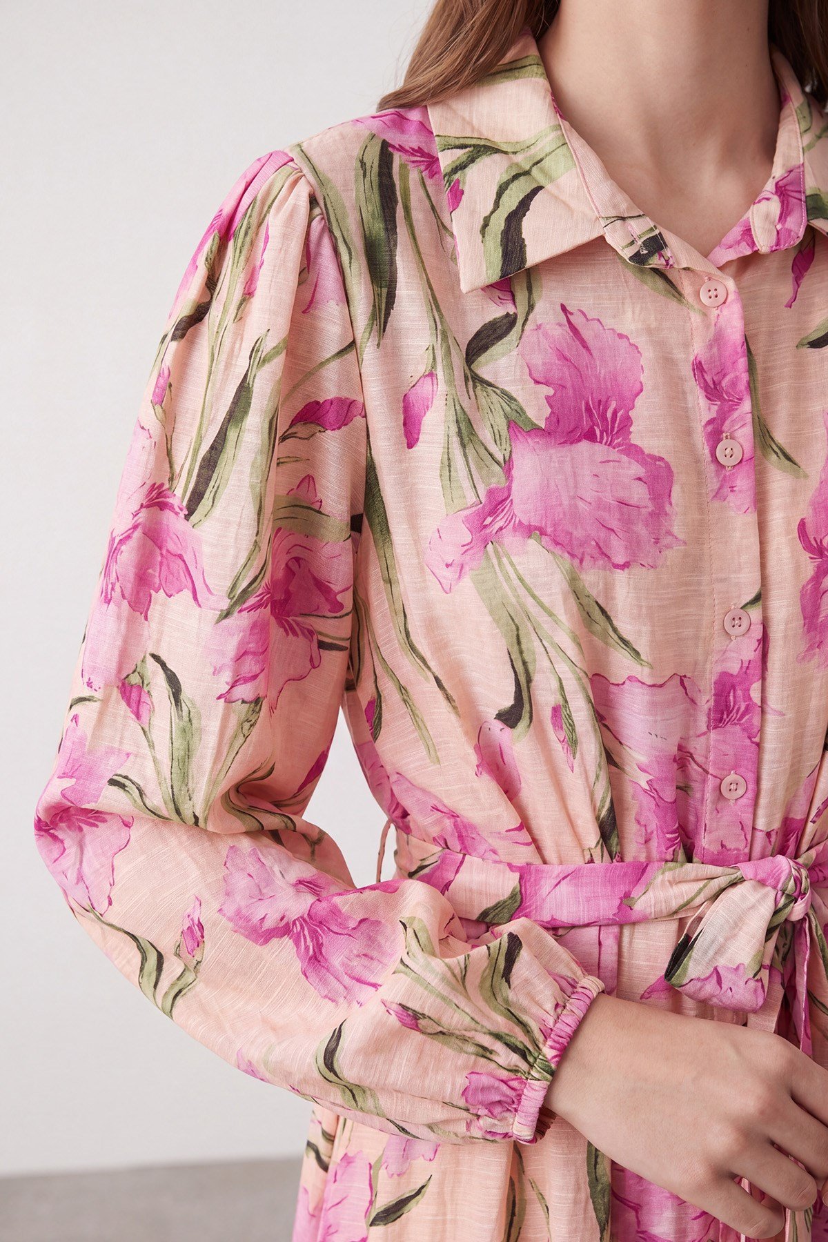 Kadın Floral Desenli Kuşaklı Uzun  Elbise - 32511ELB - Pudra-Pembe Günlük Elbise Soul 