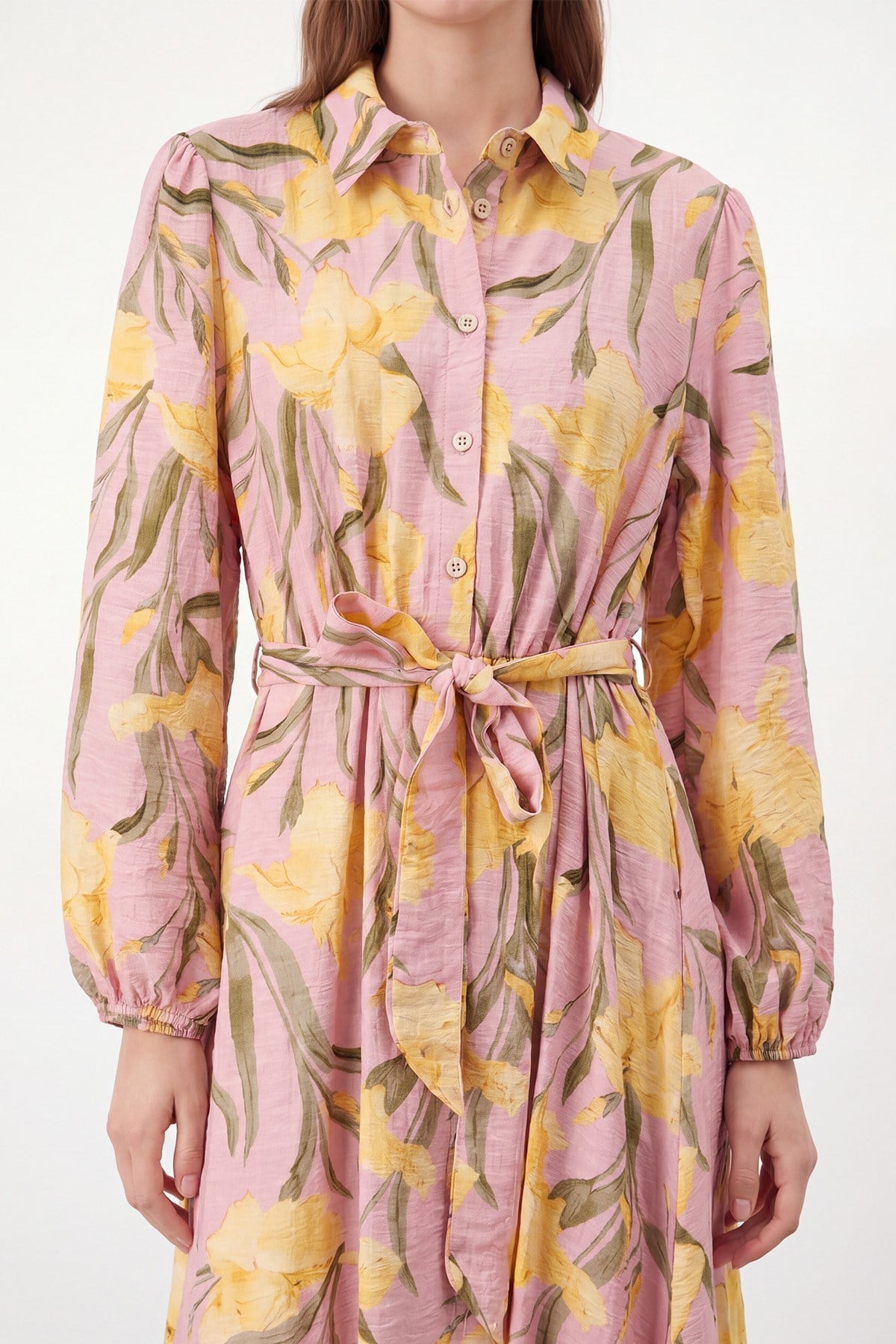 Kadın Floral Desenli Kuşaklı Uzun  Elbise - 32511ELB - Pembe-Sarı Günlük Elbise Soul 