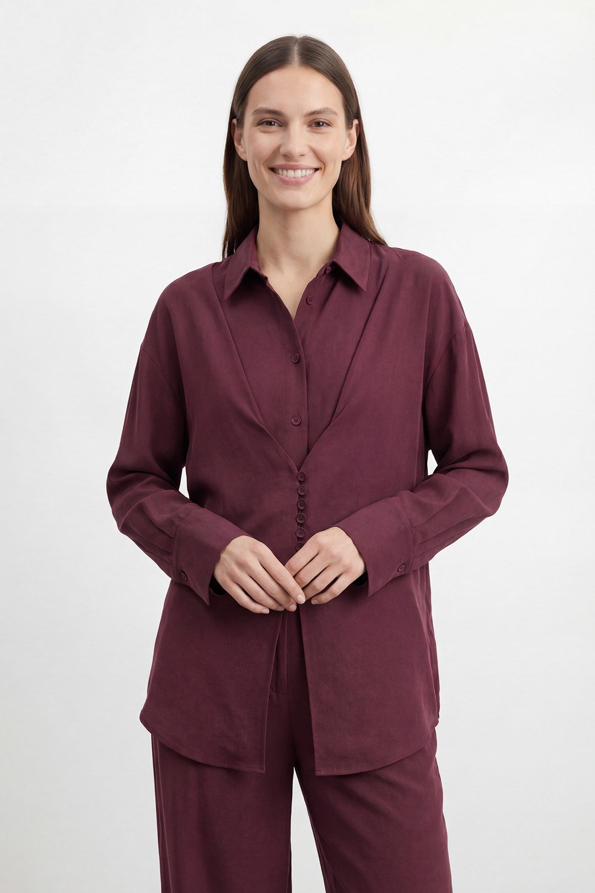 Kadın Gömlek Yaka Rahat Kesim Tunik Pantolon Takım – 32493TKS - Bordo İkili Takımlar Soul 