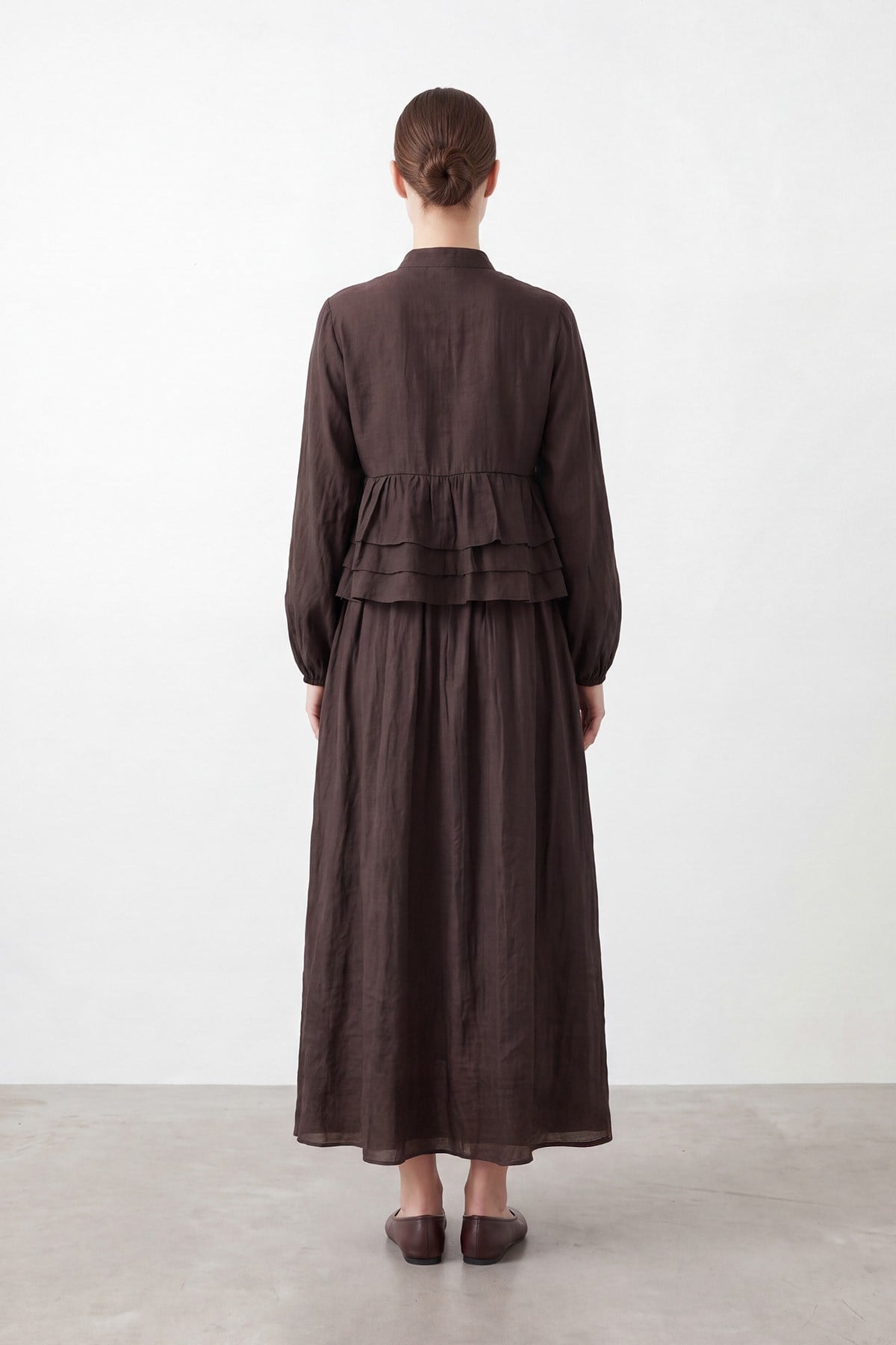 Kadın Hakim Yaka Fırfır Detaylı Tencel Tunik Etek Takım – 32502TKS - Kahverengi İkili Takımlar Soul 