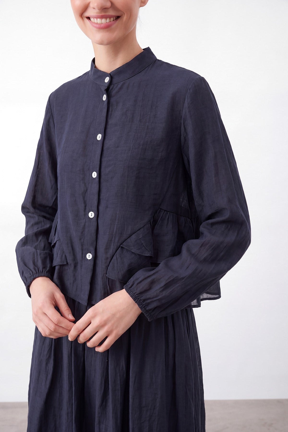 Kadın Hakim Yaka Fırfır Detaylı Tencel Tunik Etek Takım – 32502TKS - Lacivert İkili Takımlar Soul 